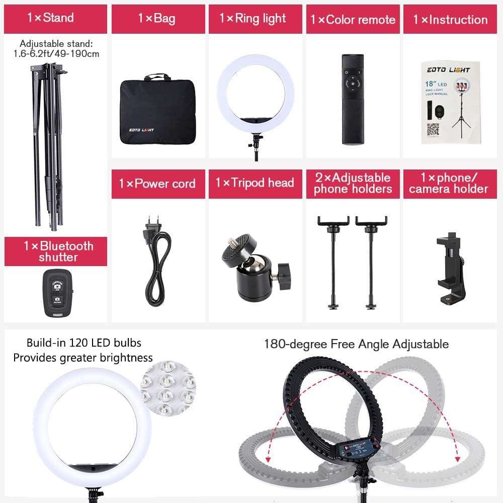 Eoto Light 18 Inch Led Ring Light With Tripod Stand Dimmable Makeup Selfie Ring Light For Studio Portrait Youtube Vlog Video Shooting With Carrying Bag And Remote Controller, Cri 90