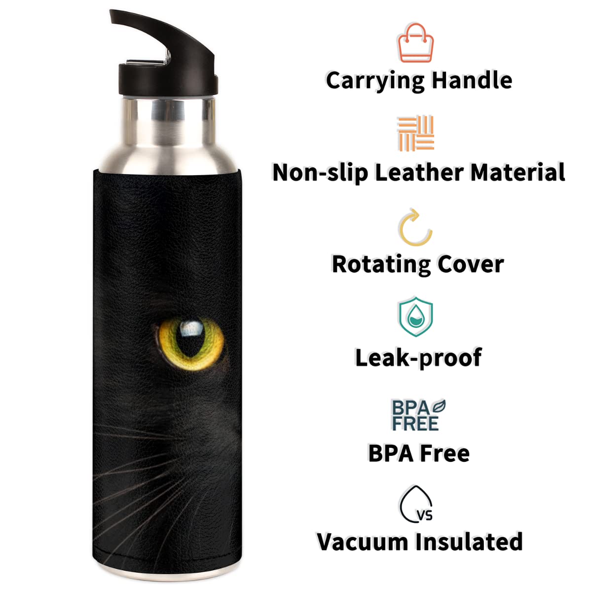 Insulated Stainless Steel Water Bottle With Straw 20Oz Cute Black Animal Cat Sports Water Bottles
