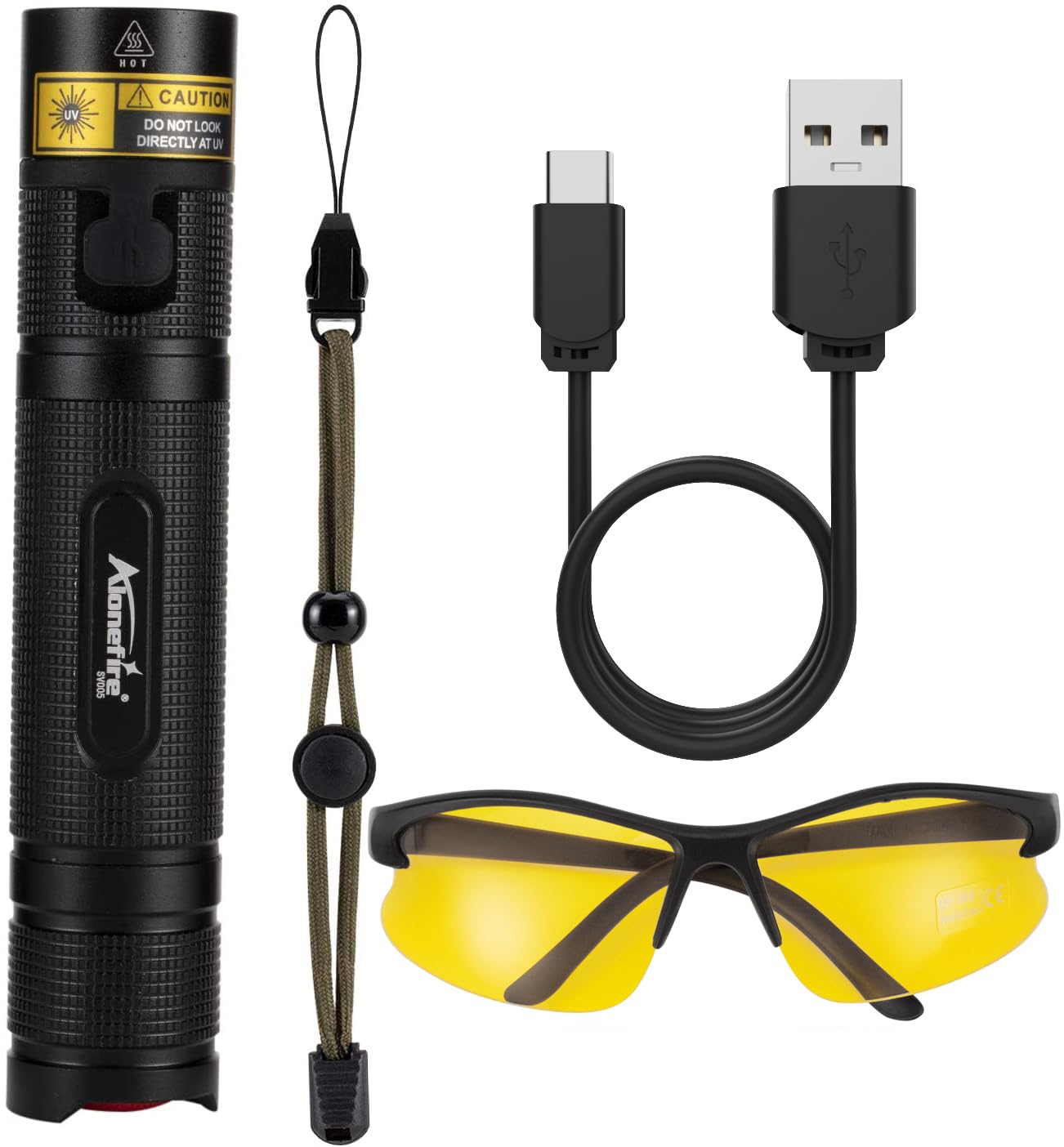 Alonefire Sv005 10W 365Nm Uv Flashlight Black Light Powerful Usb Rechargeable Woods Lamp Bed Bug Detector For Pet Urine Detection, Resin Curing, Minerals, Ac Leak With Uv Protective Glasses, Battery