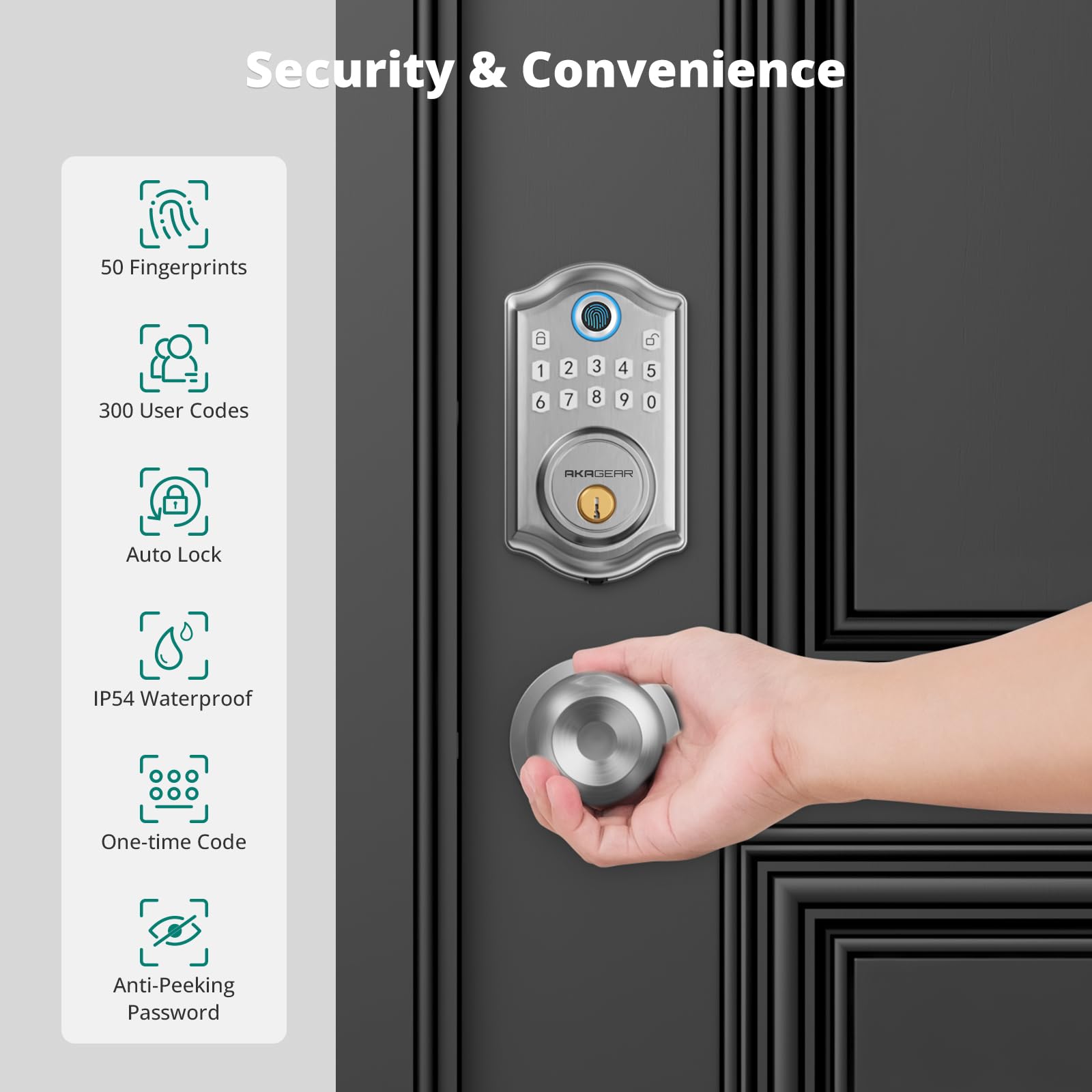 Akagear Keyless Entry Door Lock With Door Knob Handle, Fingerprint Door Locks, Electronic Smart Deadbolt, Keypad Door Lock With Code, Smart Locks For Front Doors, Auto-Lock & One Touch Locking