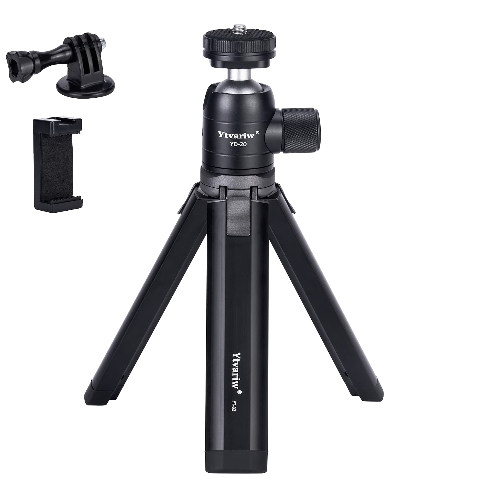 Ytvariw Mini Camera Tripod With Phone Holder,Aluminum Alloy Desktop Tripod Stand Lightweight Portabletripod 360° Ball Head Cold Shoe For Dslr, Webcam,Cell Phone