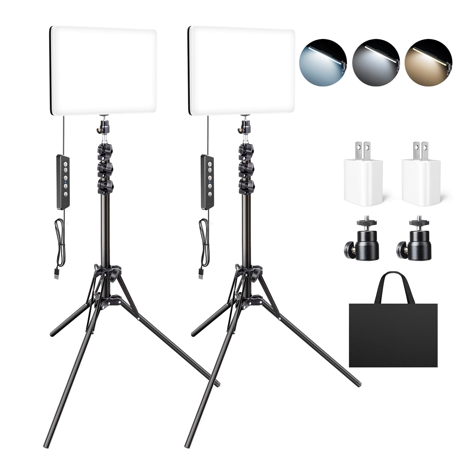 Scrhot 2 Pack Led Video Light Kit, Studio Lights, Photography Lighting With 64" Tripod Stand, Dimmable 2800-8400K Podcast Lighting Panel For Video Recording/Game Live Streaming/Youtube