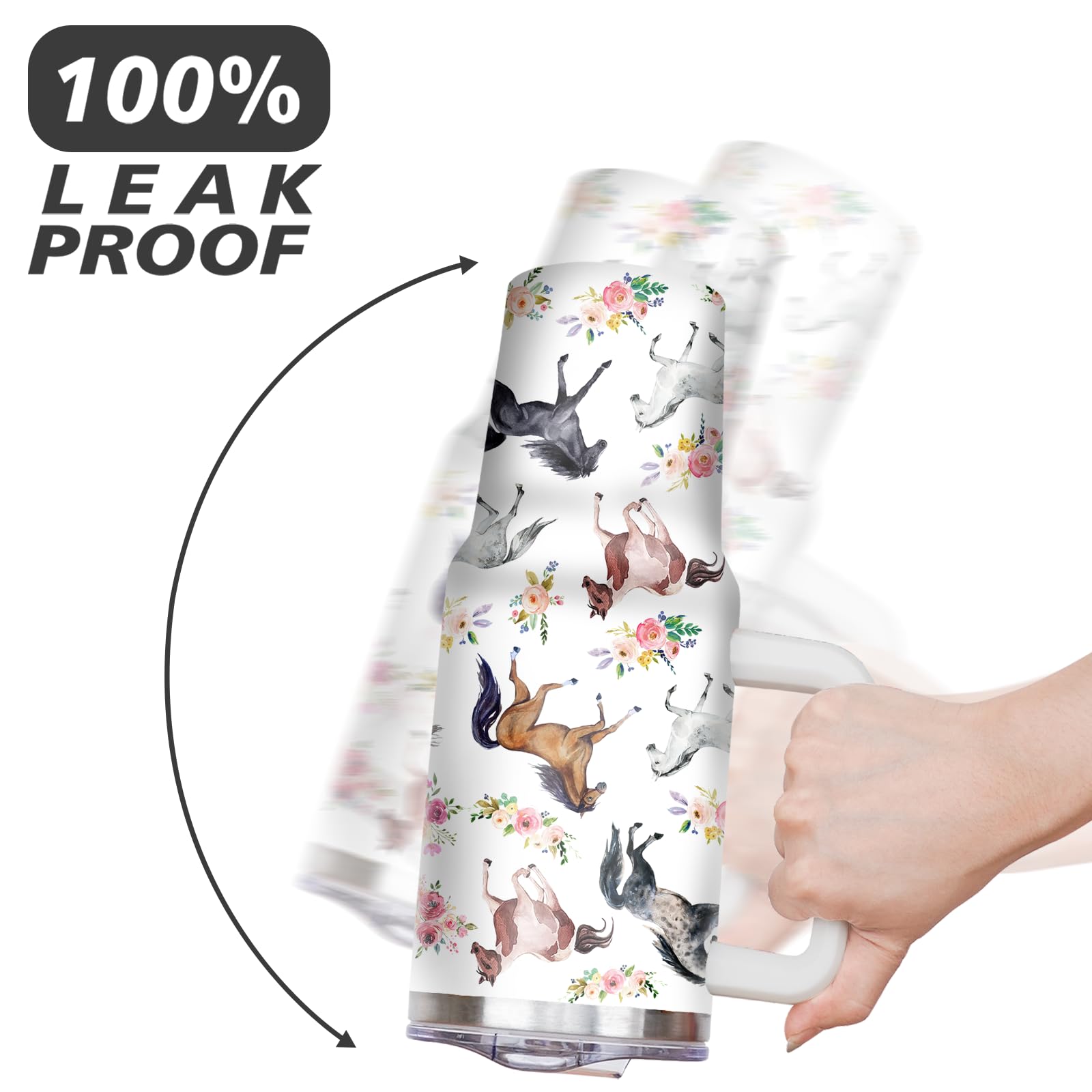 30 Oz Horse Tumbler With Handle And Straw, Floral Stainless Steel Vacuum Insulated Travel Coffee