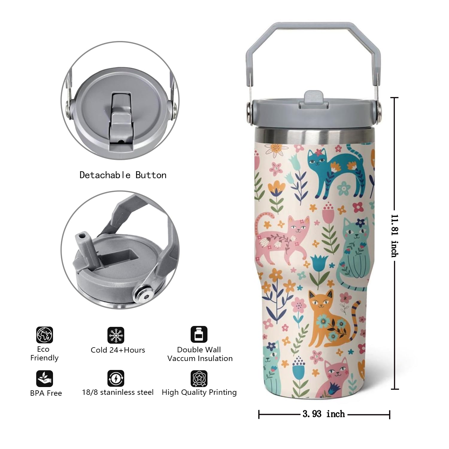 30 Oz Cat Flip Strawtumbler Lid And Straw,Funny Cat Leakproof Insulated Stainless Steel