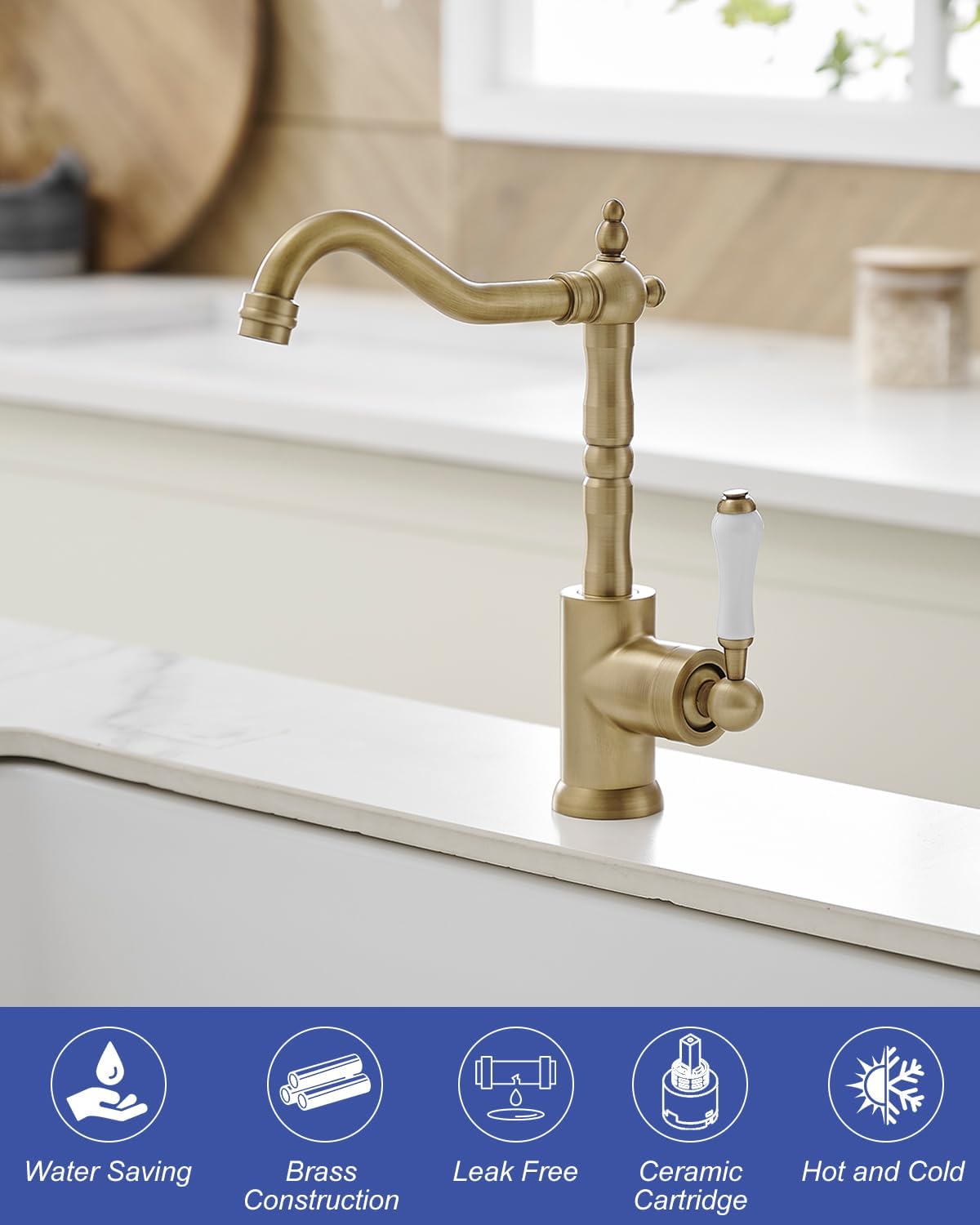 Greenspring Antique Brass Kitchen Sink Faucet Single Handle Kitchen Faucet 360 Degree Swivel Mixer Tap Wet Bar Sink Faucet Farmhouse Single Hole Uitility Laundry Faucet With Supply Line