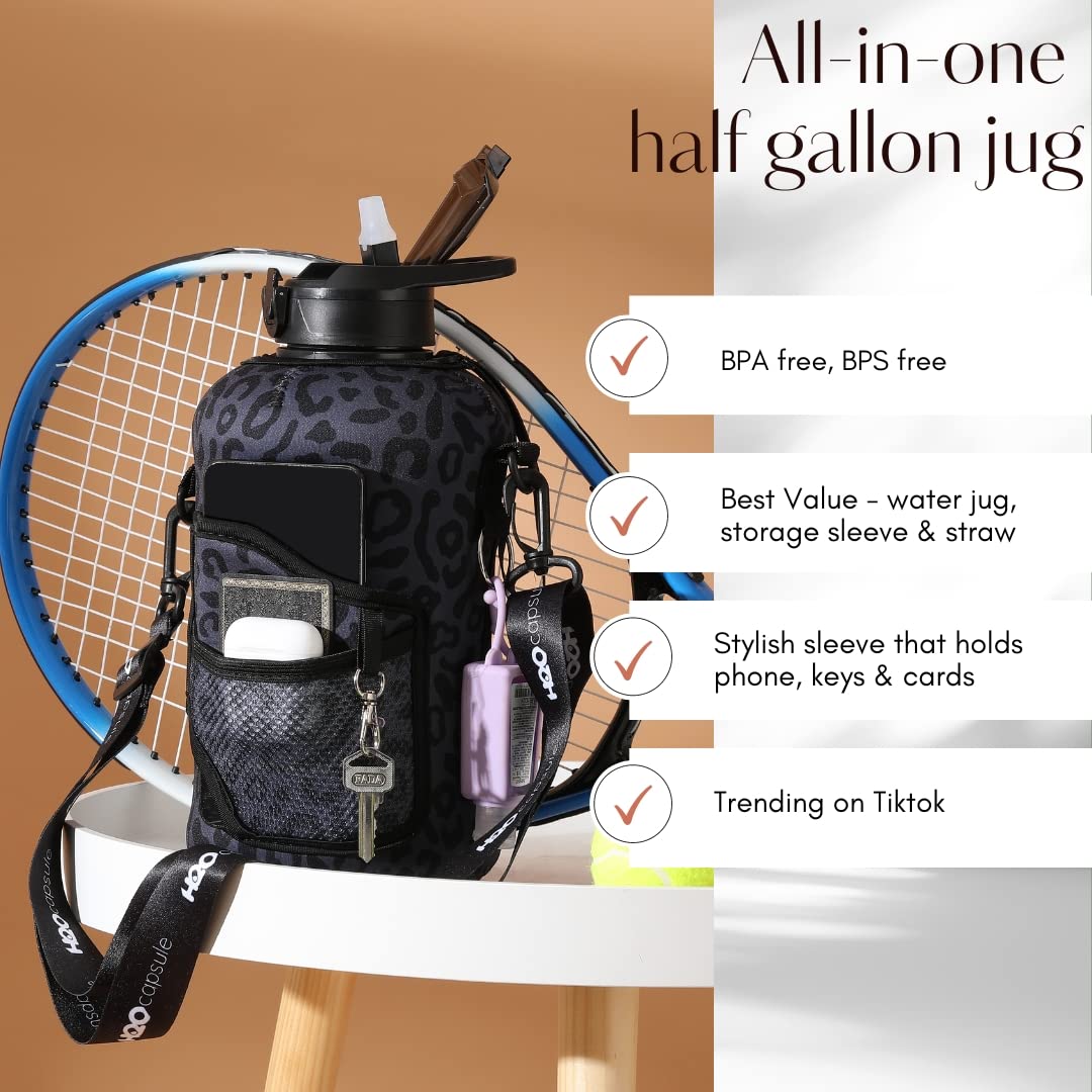 H2O Capsule 2.2L Half Gallon Water Bottle With Storage Sleeve And Removable Straw – Large