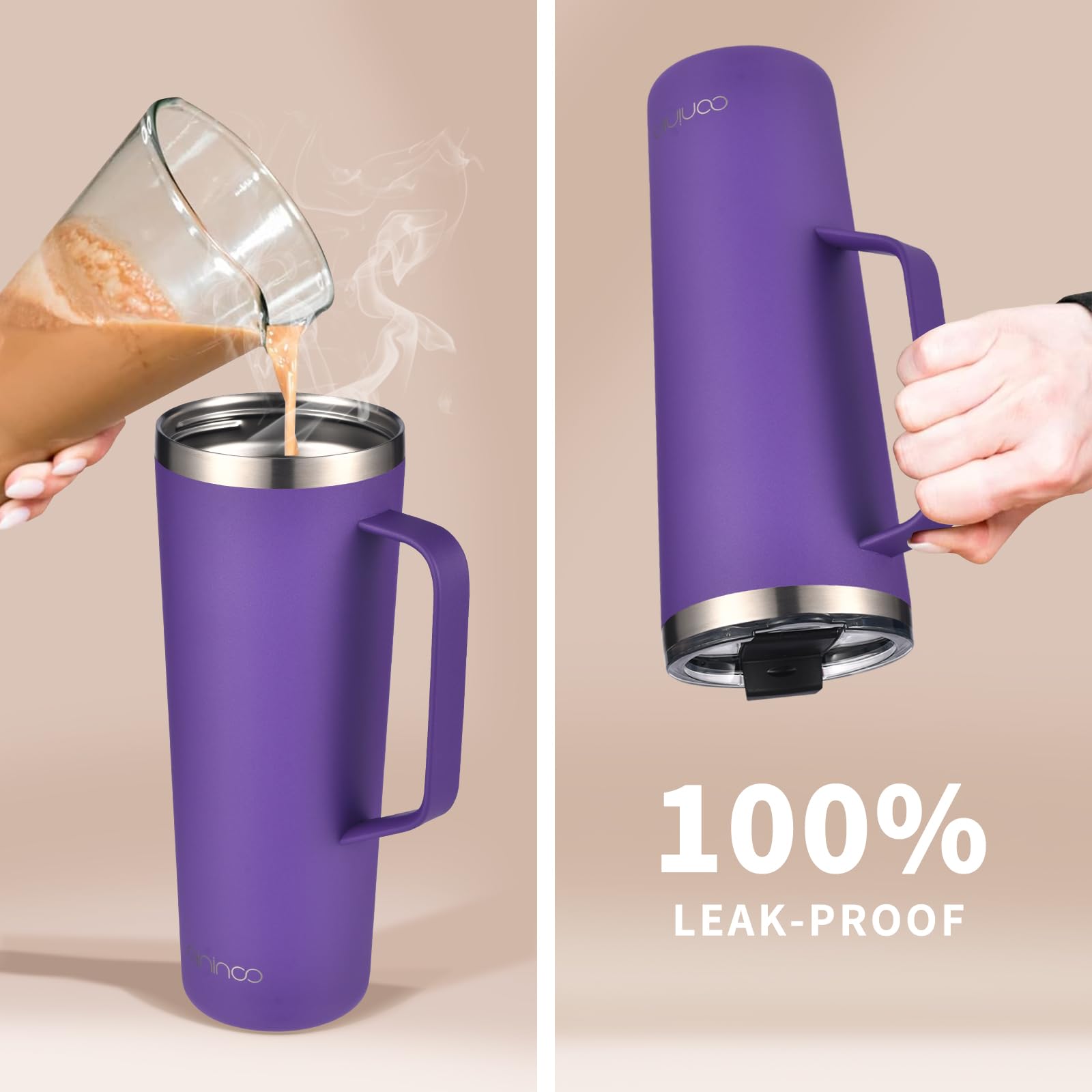 Mininoo 24 Oz Tumbler With Handle, Insulated Travel Coffee Mug With Lid And Straws, Stainless Steel