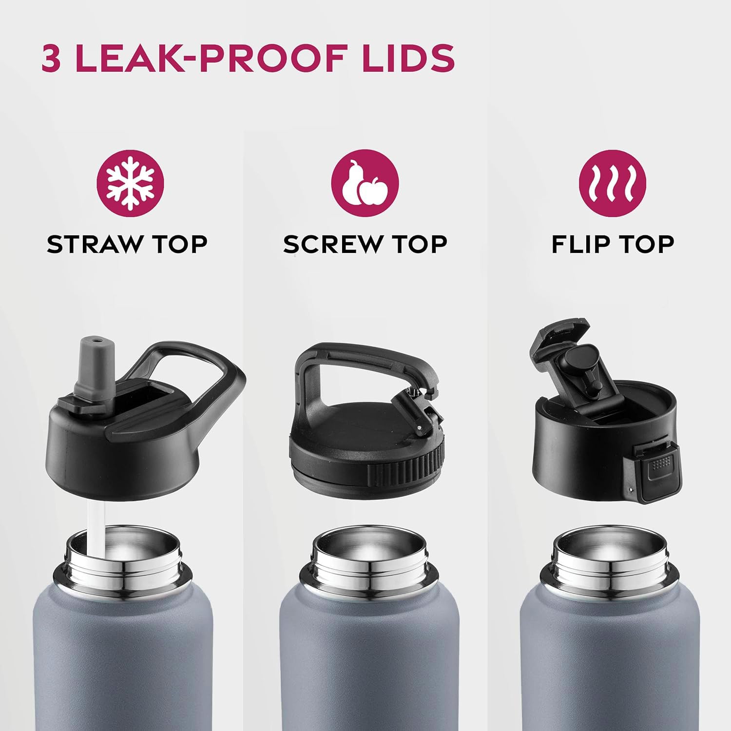 25 Oz Triple Walled, Insulated Water Bottles With Straw - Stainless Steel Metal Bottle W/ 3 Leak