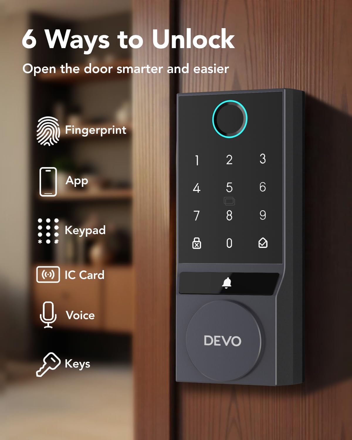 Devo G3 Door Lock For Front Door, 6 In 1 Fingerprint Keyless Entry Door Lock, Built-In Wi-Fi Smart Lock Deadbolt With App Remote Control, Easy Install No Hub, Ip54 Waterproof, Auto-Lock