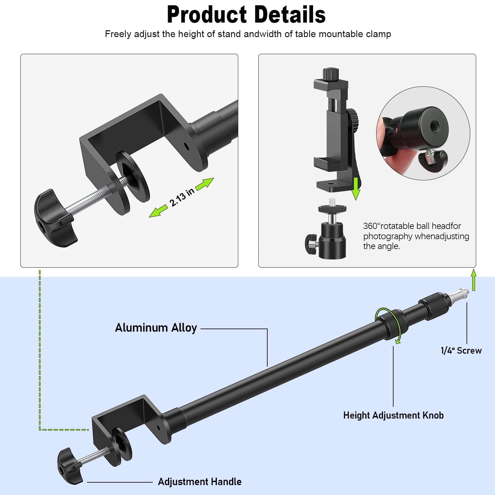 Altson 2 Pack Camera Desk Mount With 1/4" 3/8" Screws Ball Head Camera,17-41" Desk Camera Mount, Adjustable Aluminum Desktop Light Stand, For Dslr Camera, Ring Light