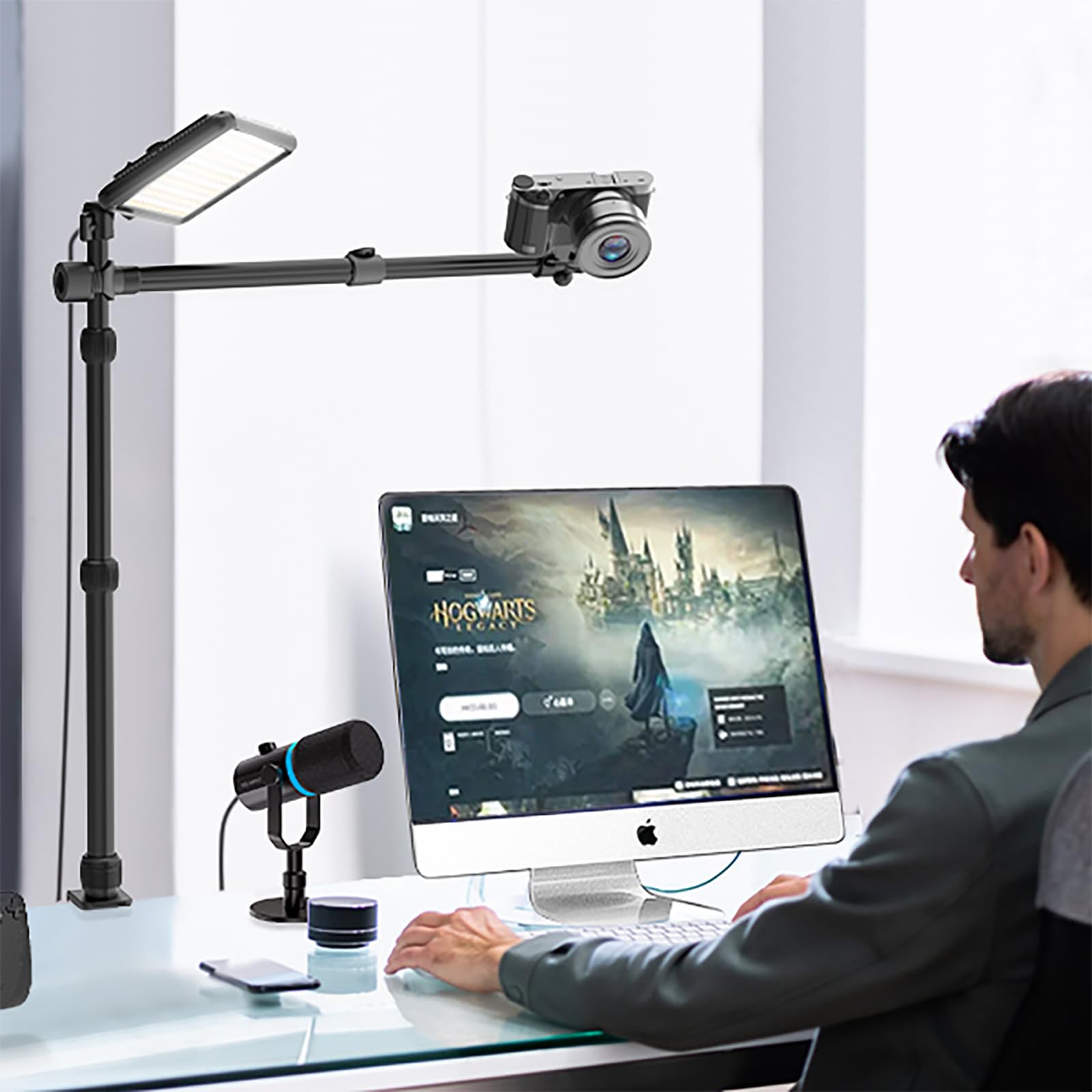 Ailight Overhead Camera Mount Desk Stand, 15.75"-33.45" Webcam Mount With 2-Section Adjustable Telescopic Boom Arm, C Clamp/Swiveling Ball Head For Dslr Camera, Phone, Ring Light, Webcam