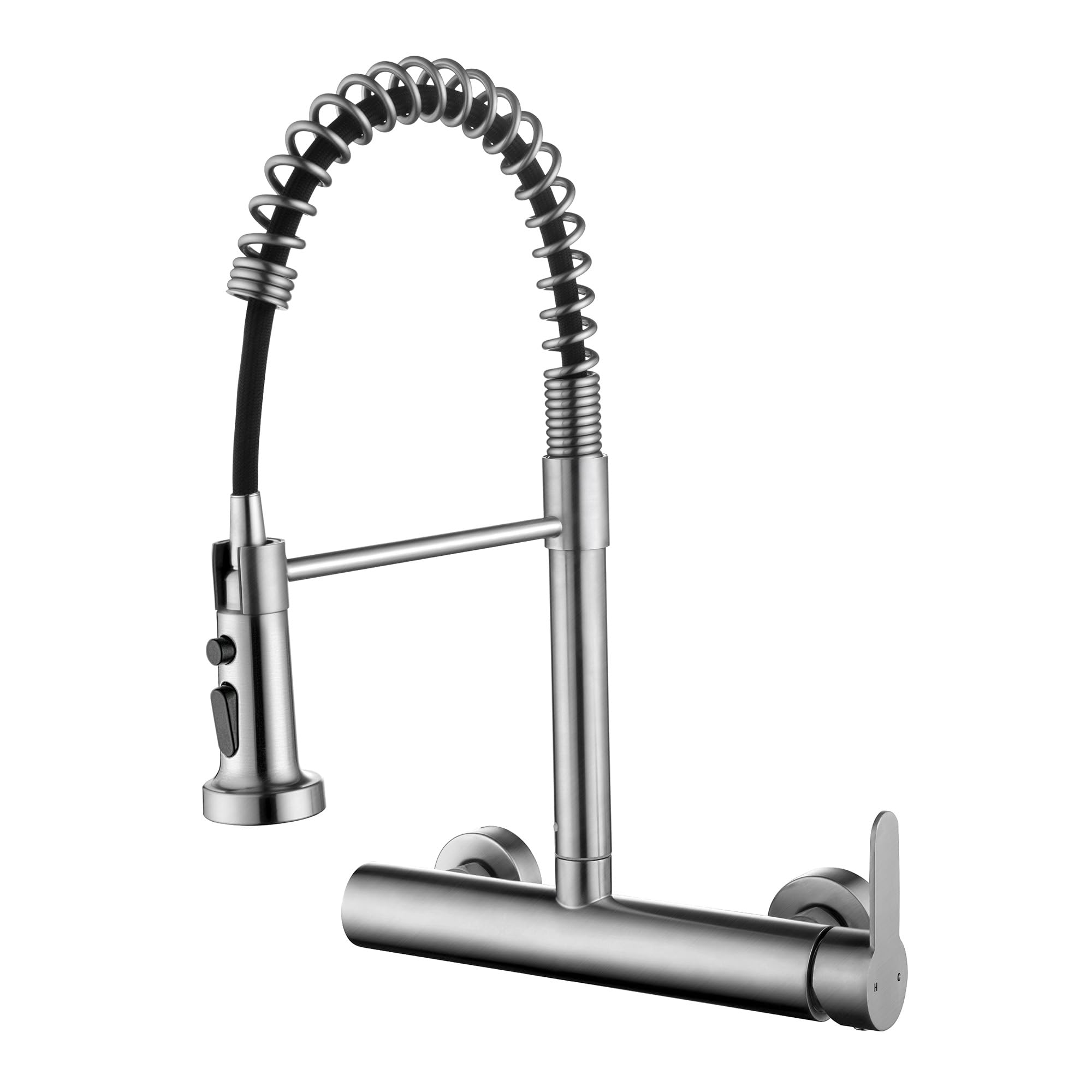 Flwueue Wall Mount Faucet 8 Inches Center, With Pull Down Sprayer, High Arc Single Handle Spring Kitchen Sink Faucet, Grifos De Cocina, Brushed Nickel