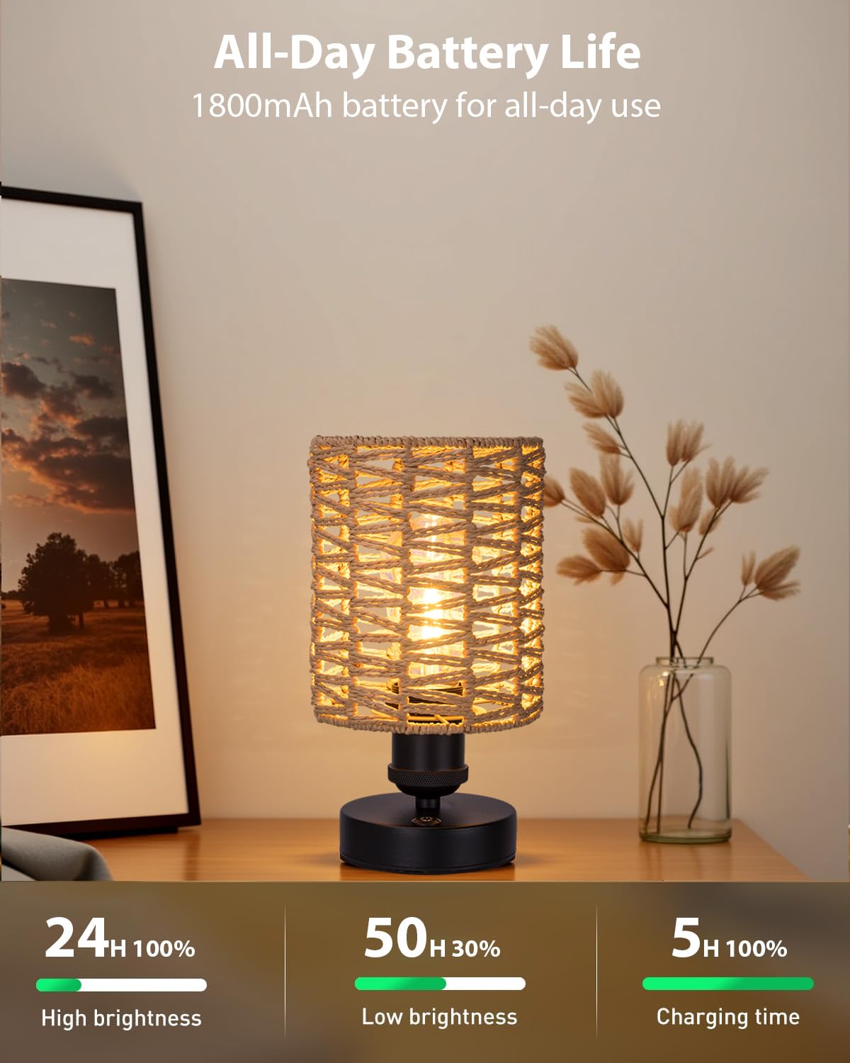 All Fortune Cordless Outdoor Table Lamps, Small Rattan Boho, Rechargeable Battery Operated For Outdoor Patio, Home, Living Room, Bedroom, Bedside - Set Of 2 (Beige-B)