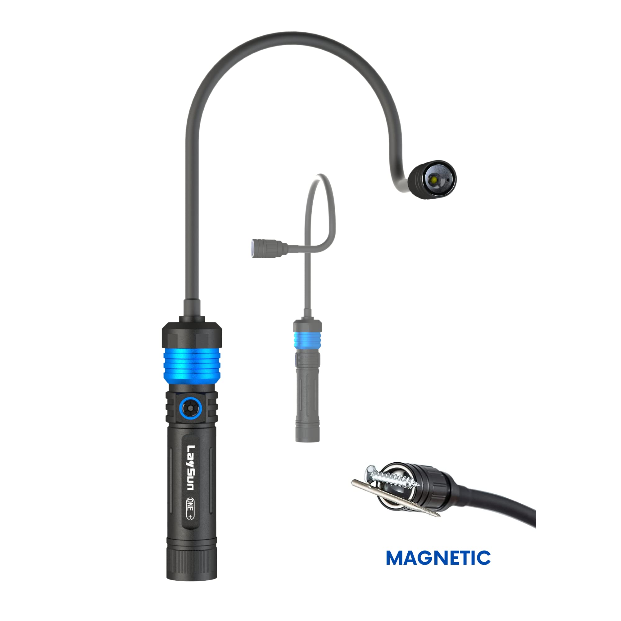 Laysun 3 In 1 Quick Connect Rechargeable Led Work Light Kit With Magnetic Base, 900Lm Zoom Led Flashlight With Flexible Gooseneck Light And Slim Bar Light, 4000Ma Battery And Usb-C Charge
