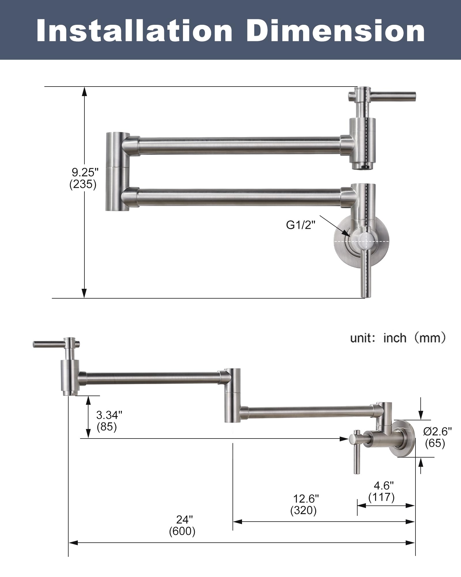 Iviga Pot Filler Faucet, Brass Wall Mount Kitchen Faucet Brushed Nickel Folding Stretchable With Double Joint Swing Arm Single Hole 2 Handles For Kitchen, Stove Faucet