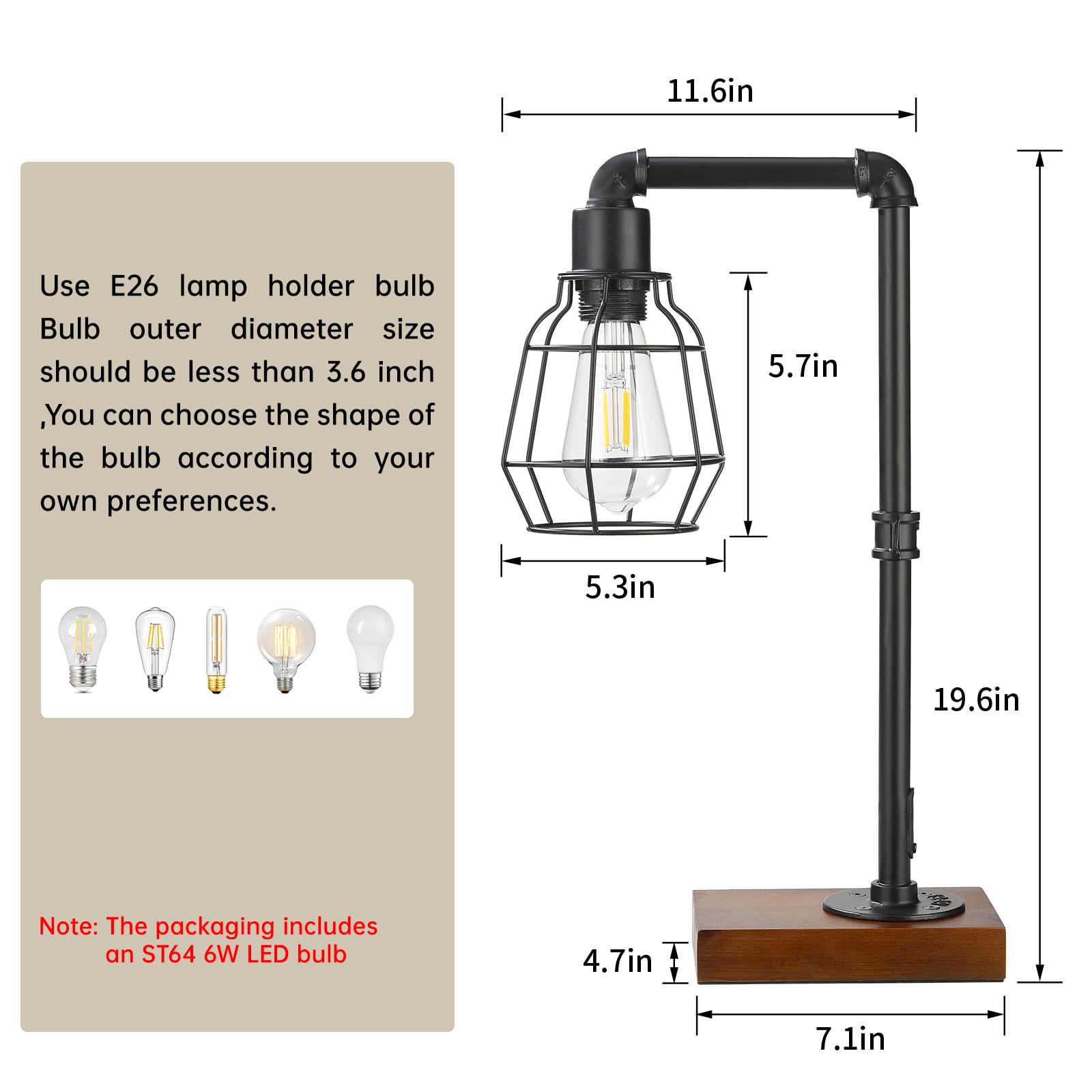 Conca Industrial Steampunk Table Lamp, Edison Bulb, Metal, A-Black, 19.6X11.7X5.35 Inches, 3 Lbs, E26 Base, 800 Lumen, 120V