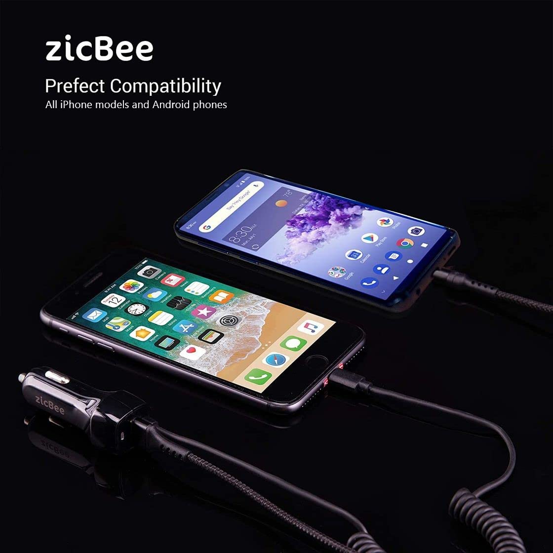 Zicbee Car Charger For Iphone, 3.6A/18W Built-In 4.9Ft Spiral Lightning Coiled Cable, 12-24V Fast Charging Cigarette Lighter Plug Adapter For Iphone 14 13 12 11 Mini Pro Max Plus Xr Se Xs X 8 7 6 5, Ipad