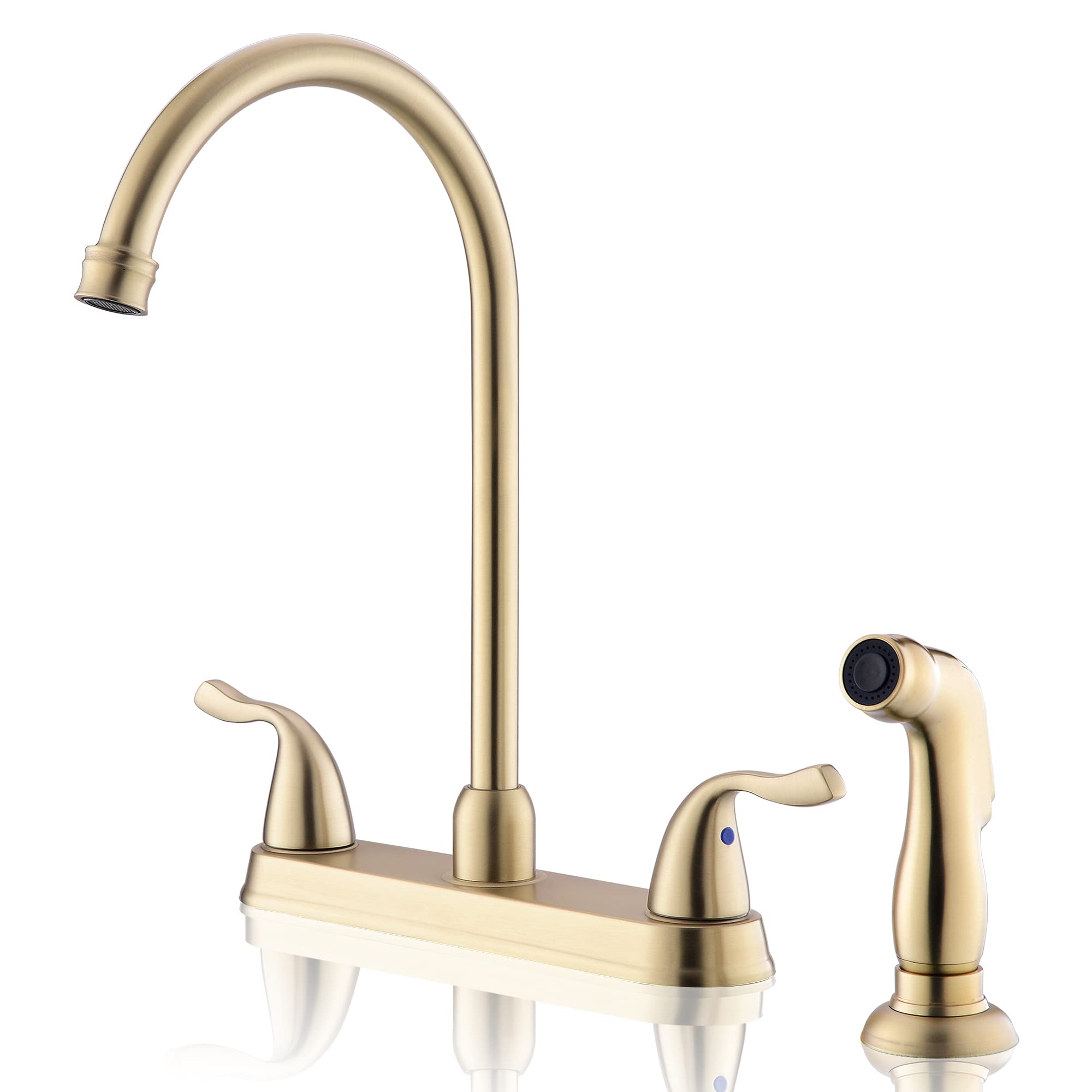 Fropo Gold Kitchen Faucet With Side Sprayer - 2 Handle 8 Inch 3 Or 4 Hole Modern Brass Matte Gold Faucet Set With High Pressure Sprayer & Supply Lines