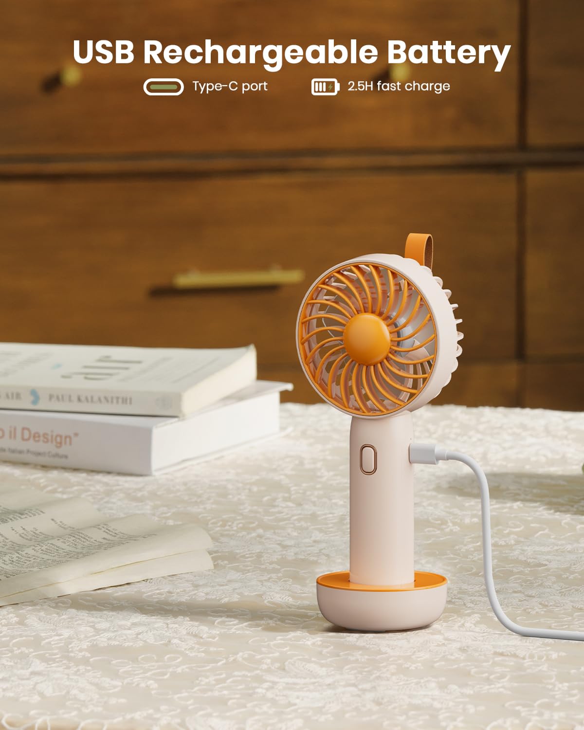 Retro Portable Fan, Mini Personal Handheld And Desktop With Base, 3 Powerful Speed, Usb Rechargeable