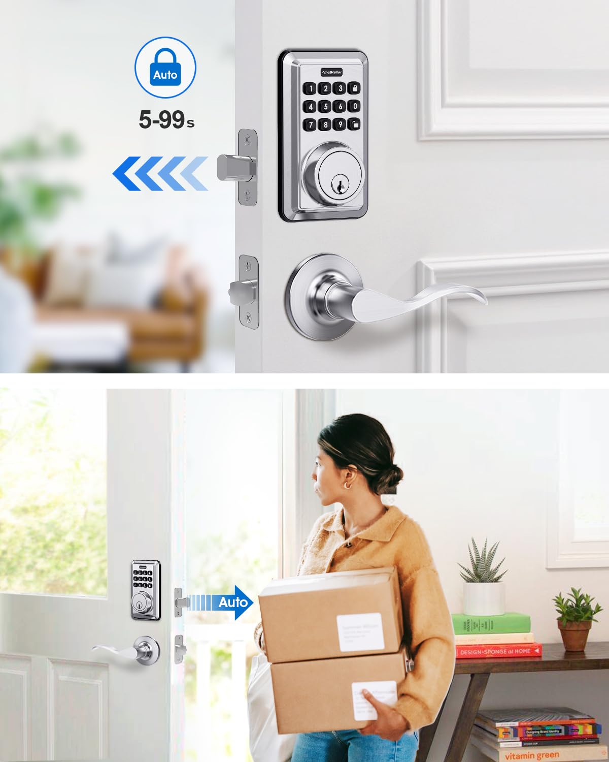 Apestellar Keyless Entry Door Lock With 2 Lever Handles - Electronic Keypad Deadbolt - Front Door Lock Handle Sets - Auto Lock,Anti-Peeking Password, Easy Installation - Satin Nickel