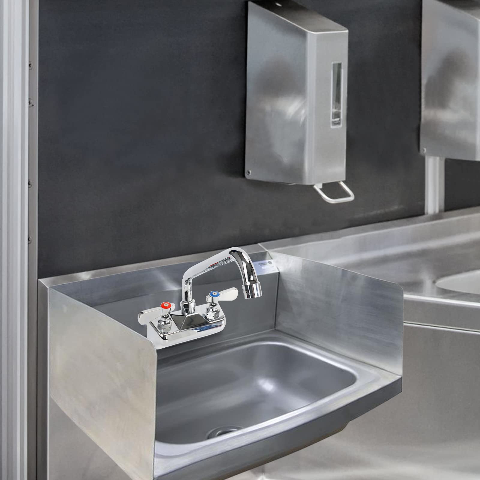 Zkdausdo 4 Inch Center Commercial Sink Faucet Wall Mount With 10" Swivel Spout & Ceramic Valve, Kitchen Hand Sink Faucet, 1/2" Npt Male Inlet, Brass Constructed & Chrome Polished, Dual Lever Handles