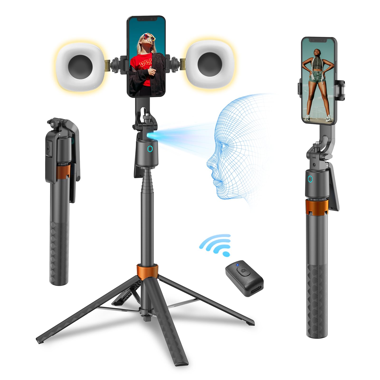 Arbenlulu Face Tracking Tripod For Iphone,70" Tall Travel Phone Tripod Stand With Light,Remote And Gesture Control,Selfie Stick For Video Recording&Tiktok Live Streaming&Content Creator