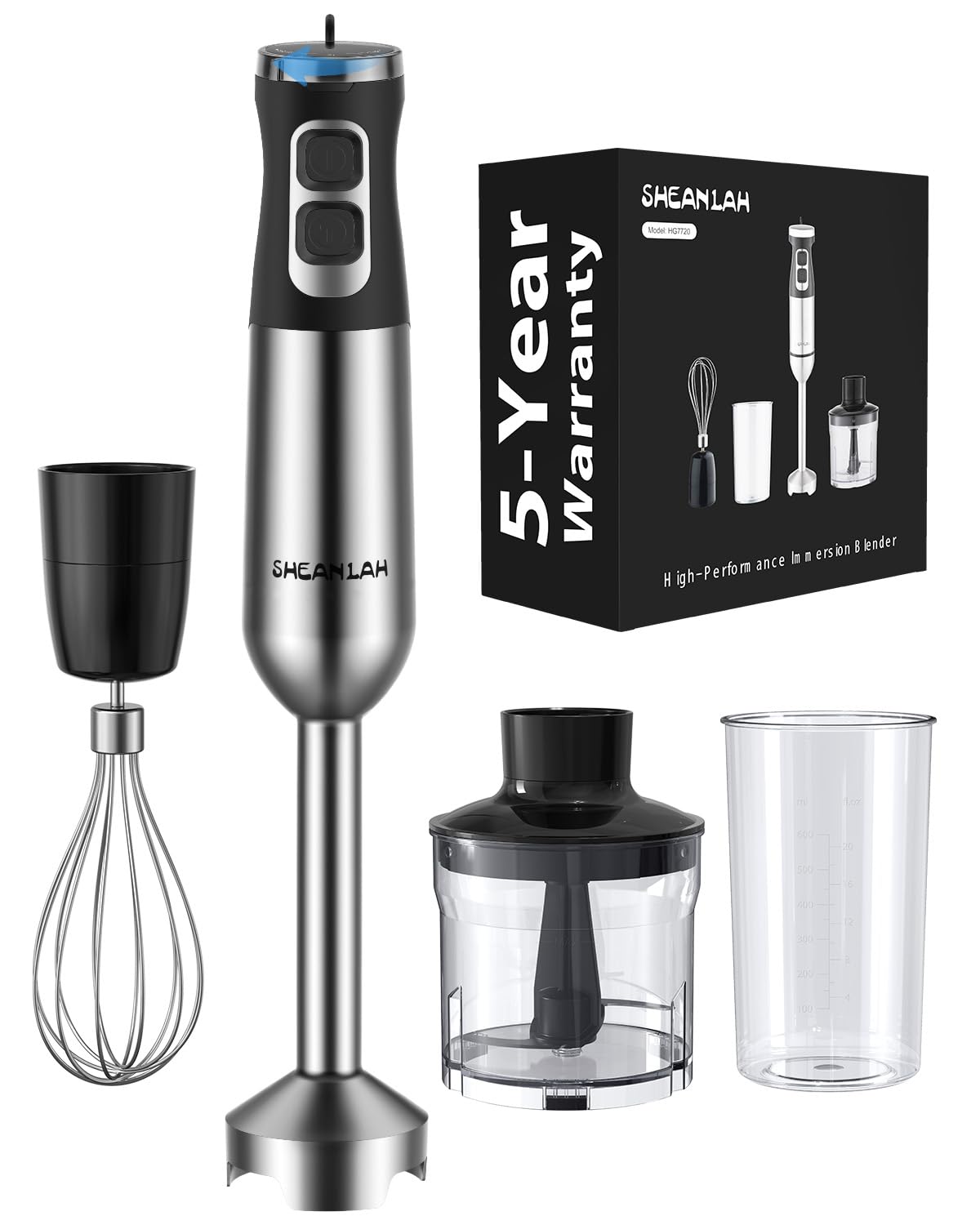 Sheanlah 1000W Powerful Immersion Blender Handheld, Update Hand Blender With 25-Speed And Heavy-Duty Copper Motor, 4 In 1 Hand Mixer With Chopper, Whisk, Beaker And Wand