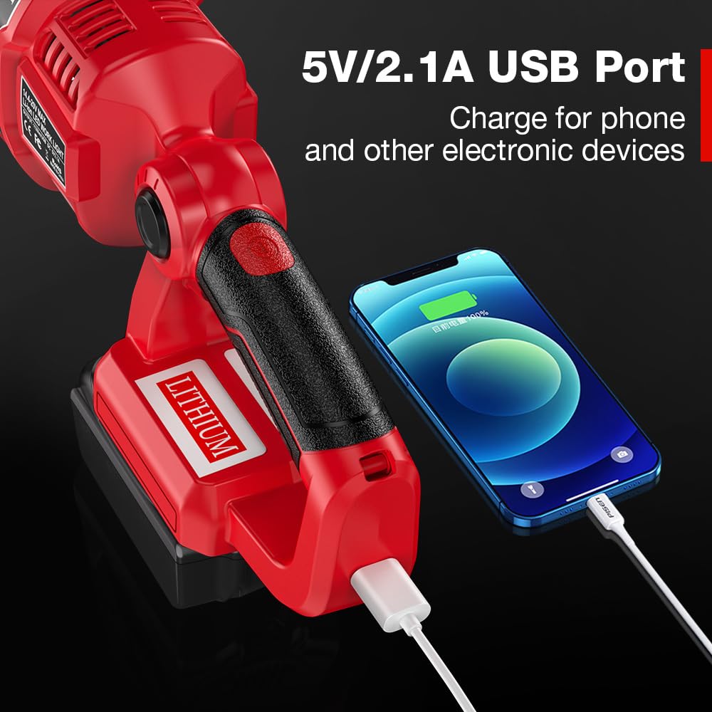 Dteztech 12W 1120Lm Led Work Light For Milwaukee 18V Lithium-Ion Battery, Rechargeable Flashlight Spotlight With Usb Port, 18V Tool With Red Night Vision Light…