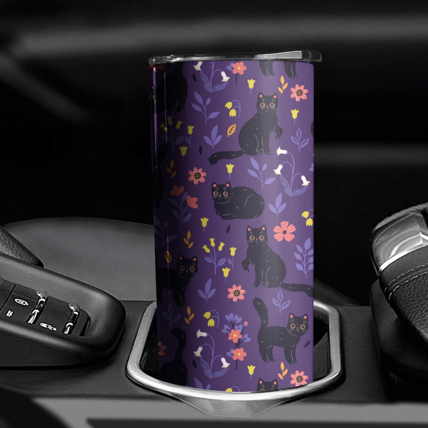 Cute Cat With Flower Tumbler With Handle And Straw, 20Oz Stainless Steel Insulated Cup