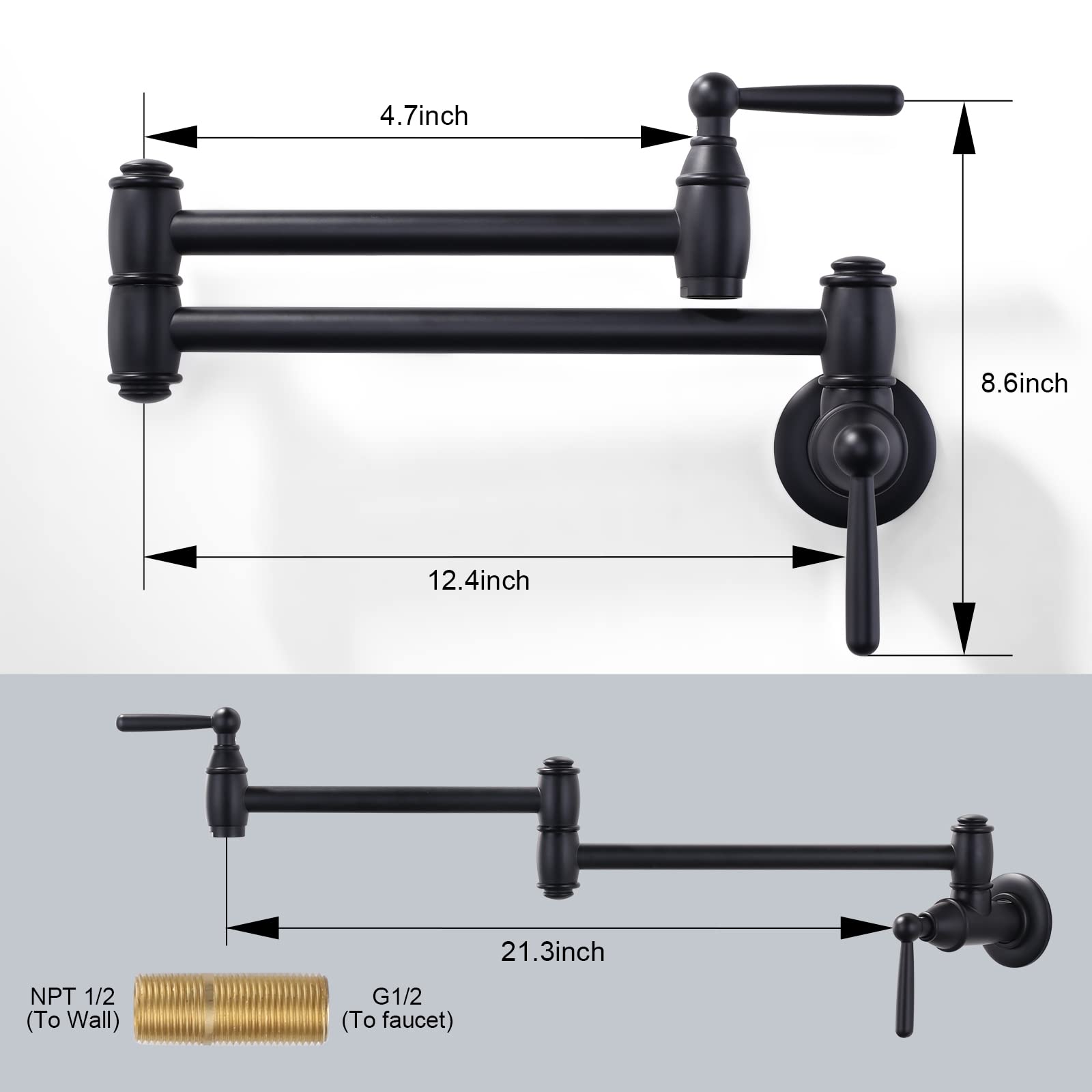 Arcora Black Pot Filler, Modern Wall Mount Kitchen Folding Faucet With 2 Handles, Double Joint Swing Arms, Brass Stove Faucet