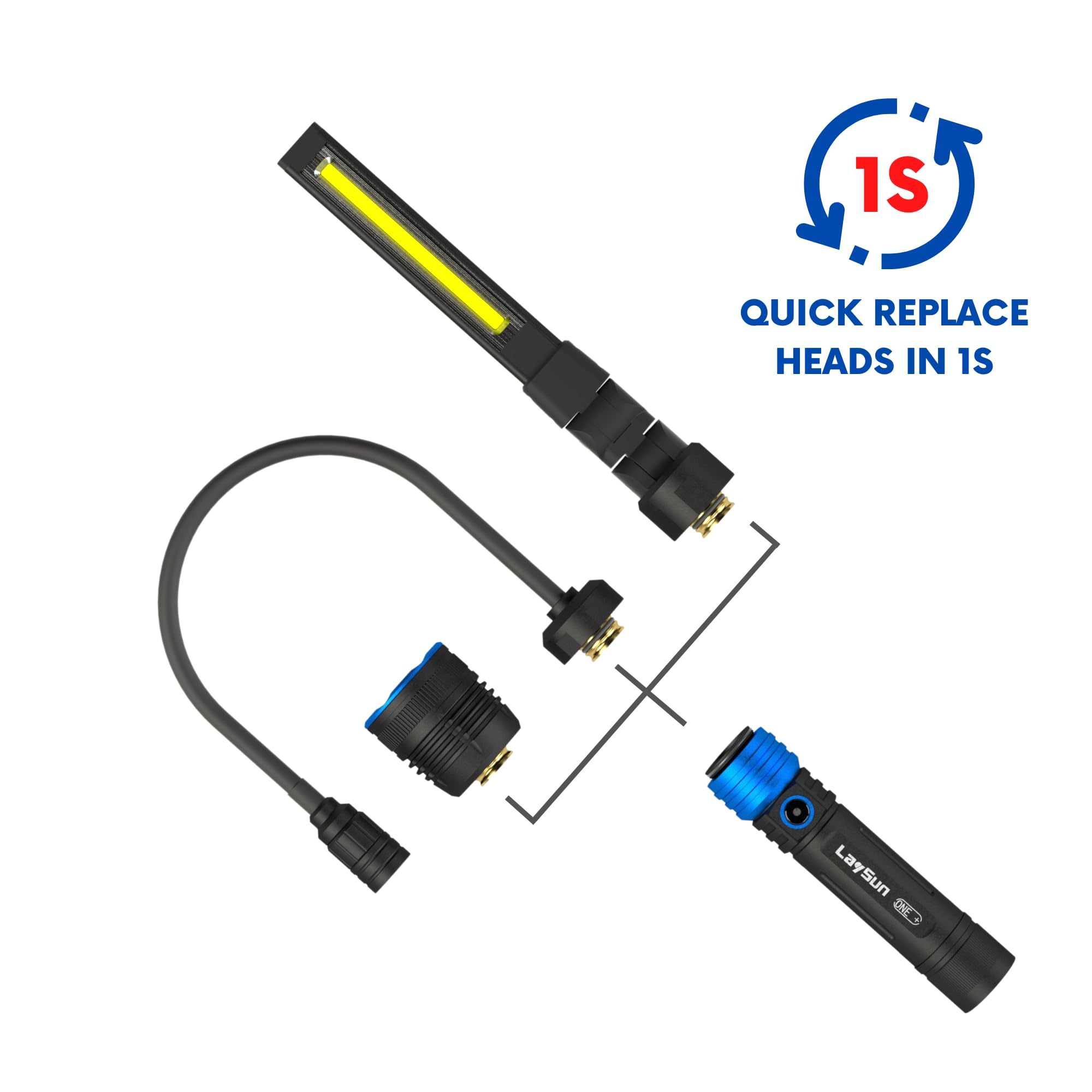 Laysun 3 In 1 Quick Connect Rechargeable Led Work Light Kit With Magnetic Base, 900Lm Zoom Led Flashlight With Flexible Gooseneck Light And Slim Bar Light, 4000Ma Battery And Usb-C Charge