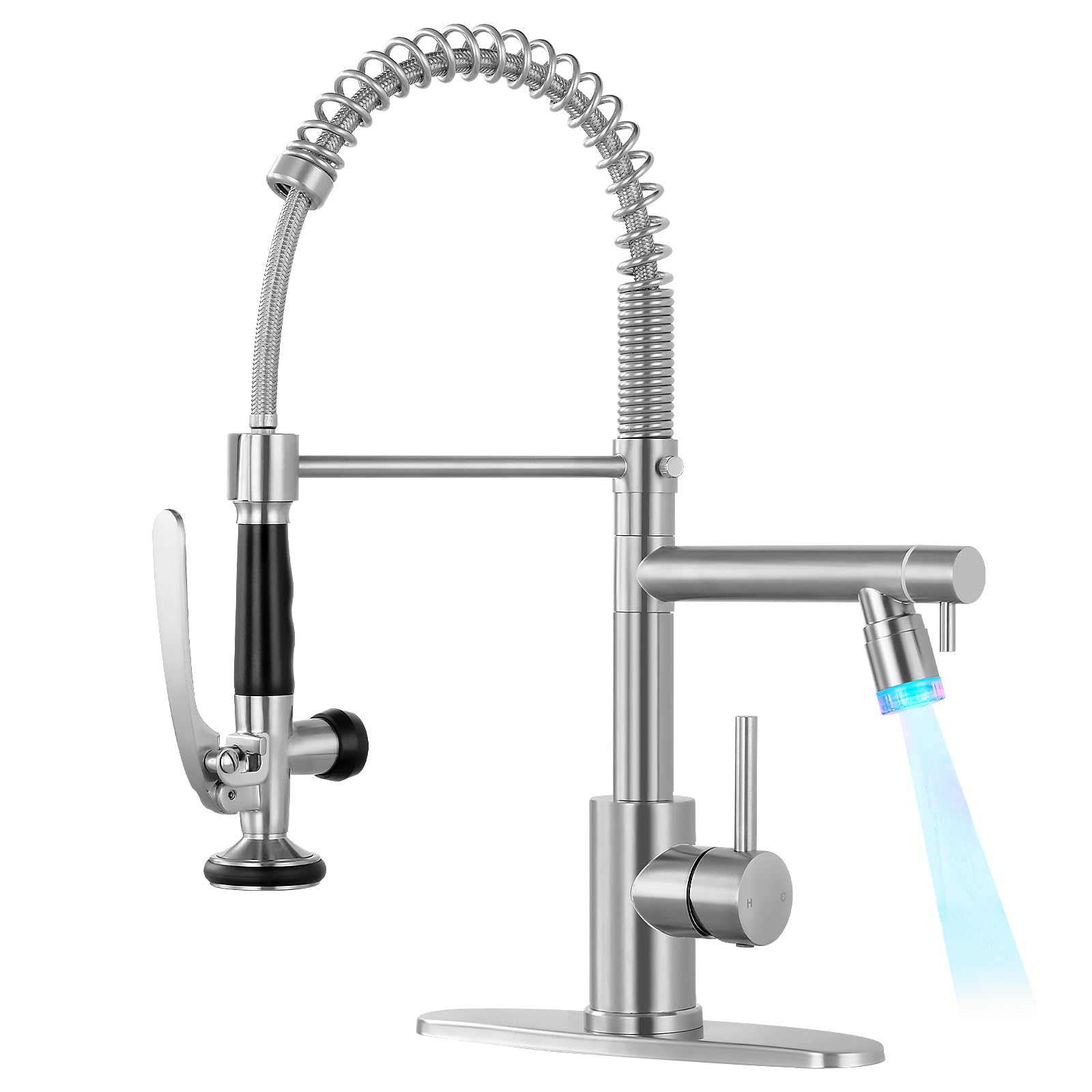 Fgkq Led Kitchen Faucets With Pull Down Sprayer, Commercial Kitchen Faucets, Two Head Kitchen Sink Faucets, High Pressure Faucet For Kitchen Sink, Stainless Steel, Brushed Nickel