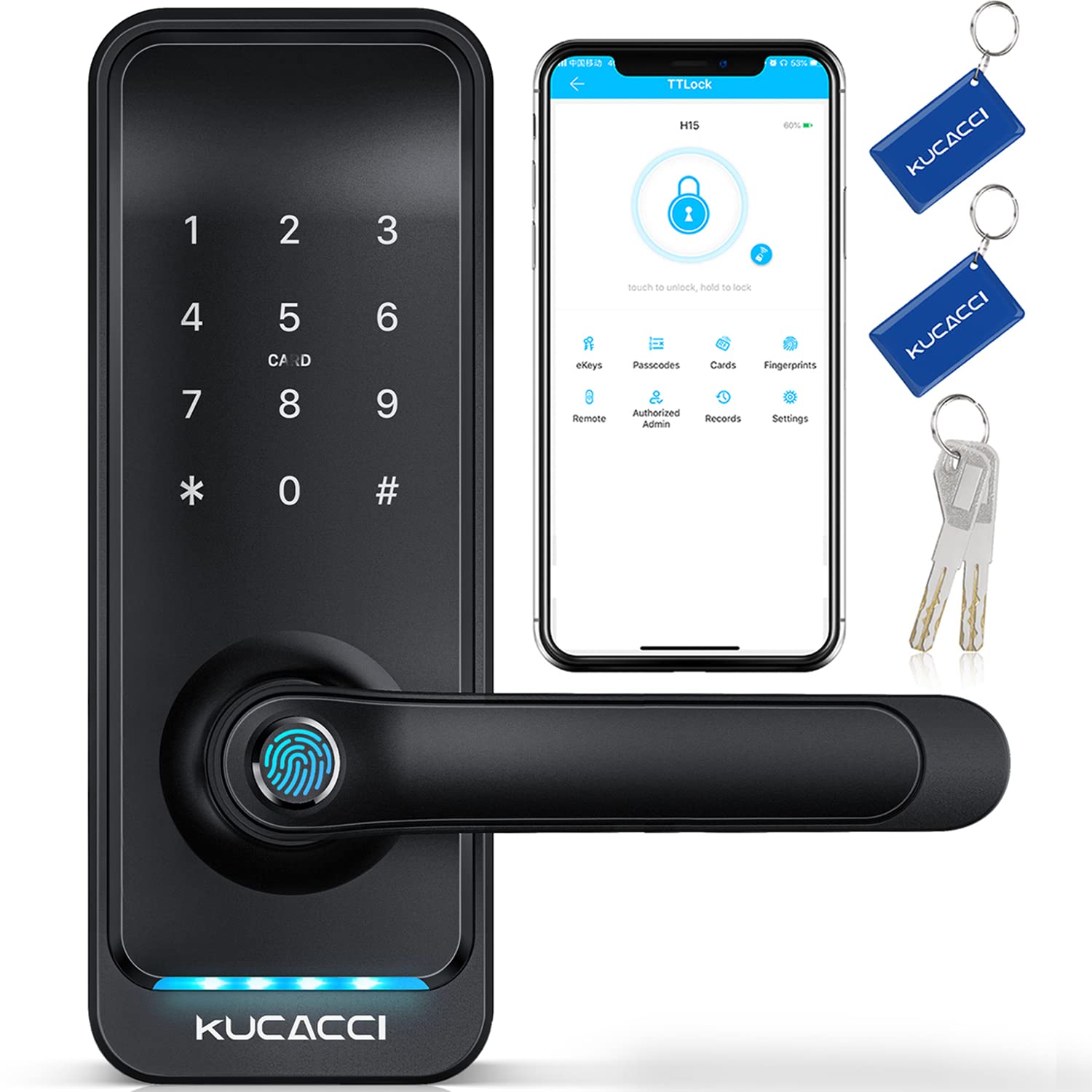 Kucacci Smart Door Lock With Handle: Keyless Entry Digital Door Lock For Front Door - Fingerprint Keypad Smart Dnob - Generate Passcode Remotely - App Control - Easy Installation(Black)