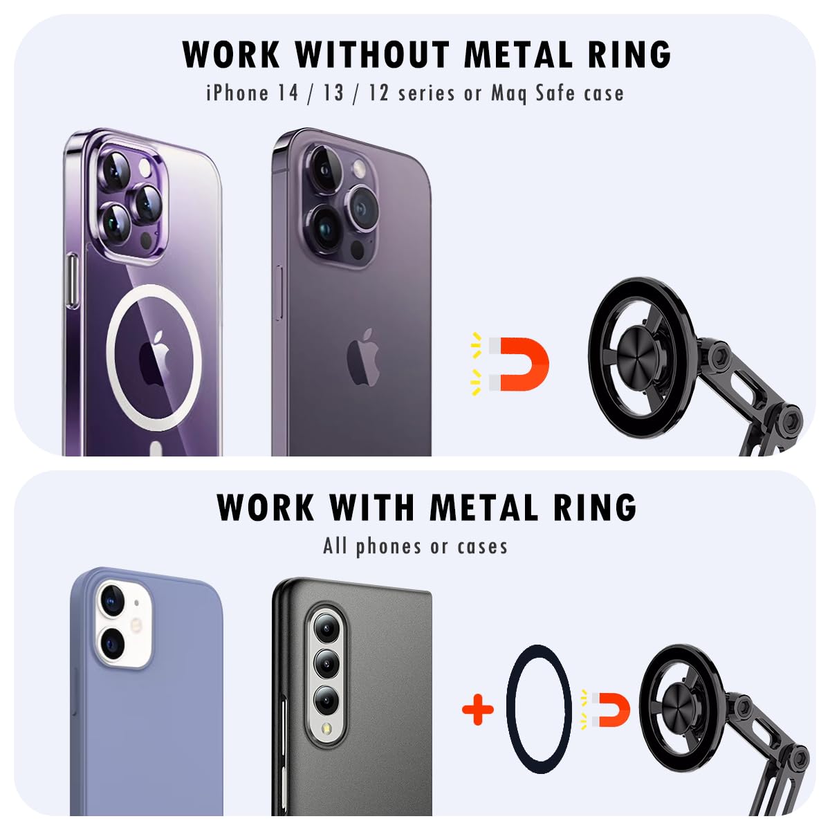 Jemey Universal 360° Pro - Magnetic Suction Car Phone Holder, Hands Automobile Mounts Cell Phone Holder With Metal Ring, Adjustable Cell Phone Mount For All Mobile Phones