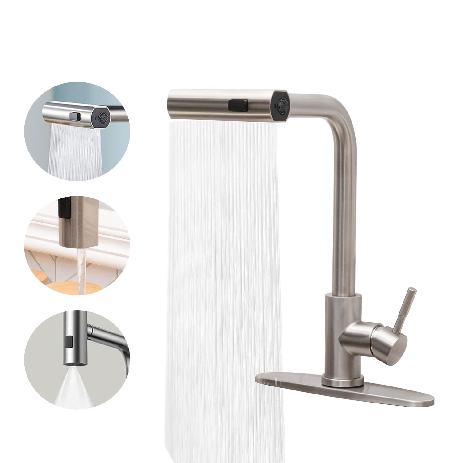 Ricinun Waterfall Kitchen Sink Faucet With Pull Down Sprayer Pull Out Stainless Steel Brushed Nickel Kitchen Faucet Single Handle 3 Function 360 Waterfall Swivel Sprayer