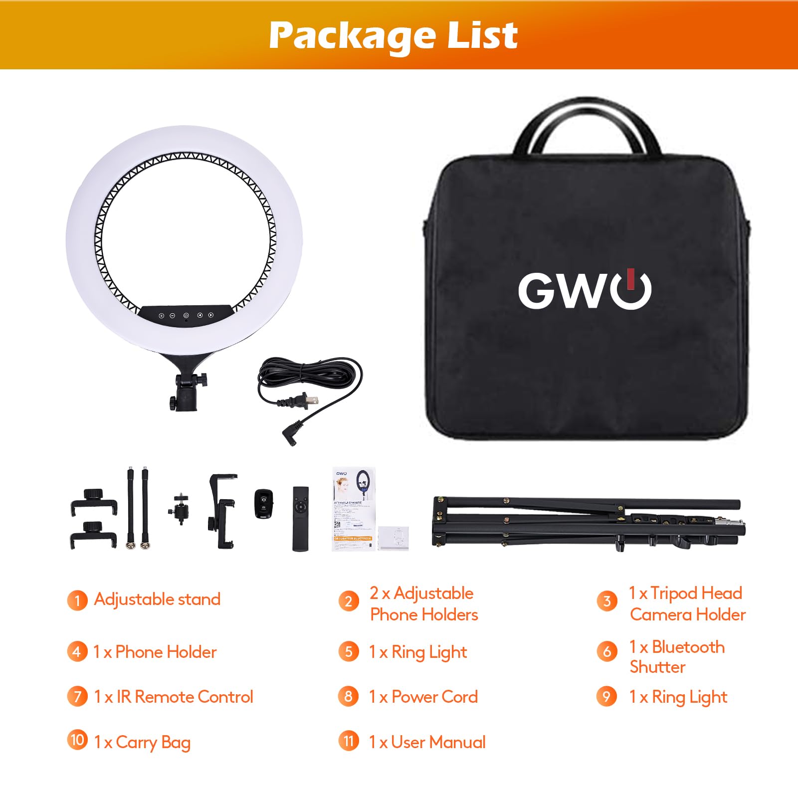 Gwo 18 Inch Led Ring Light With Tripod Stand 6000K Dimmable Makeup Selfie Light With Touch Panel Phone Holders For Youtube Vlog Video Shooting Include Carrying Bag And Remote Control Cri90
