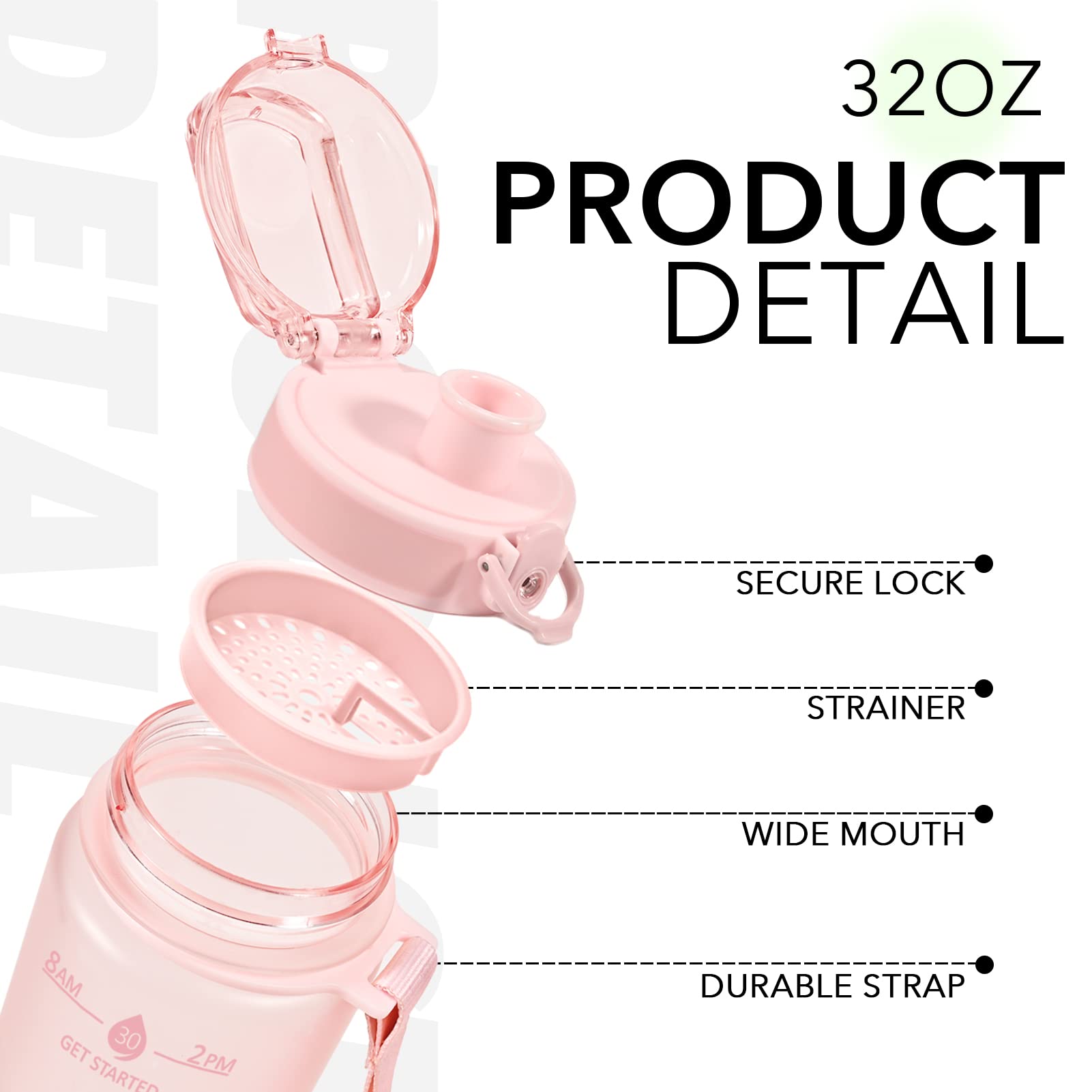 32Oz Motivational Water Bottles With Time Marker & Fruit Strainer, Single Color Water Bottle