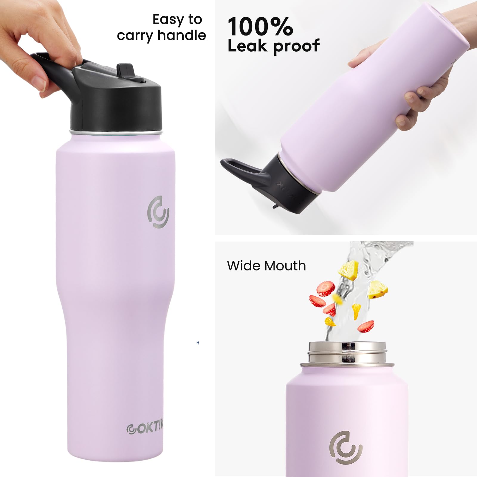 Coktik Water Bottle Insulated, 32Oz Water Bottles Straw Lid, Spout Lid, Cold For 36 Hrs