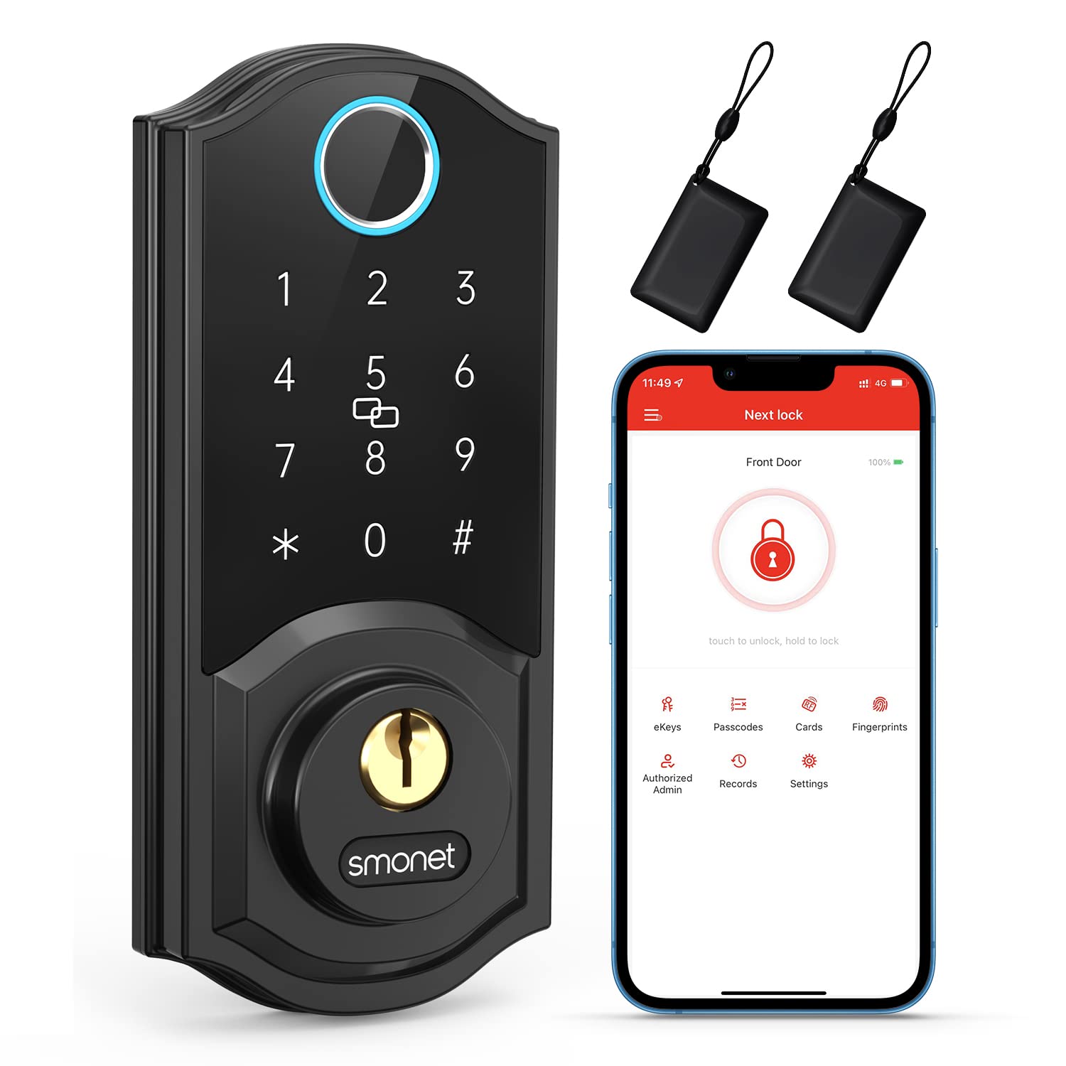 Smonet Smart Lock,Smart Locks For Front Door,Fingerprint Smart Deadbolt 8-In-1 Keyless Entry Digital Passcode Key Fob Bluetooth Electronic Keypad Deadbolt Easy To Install