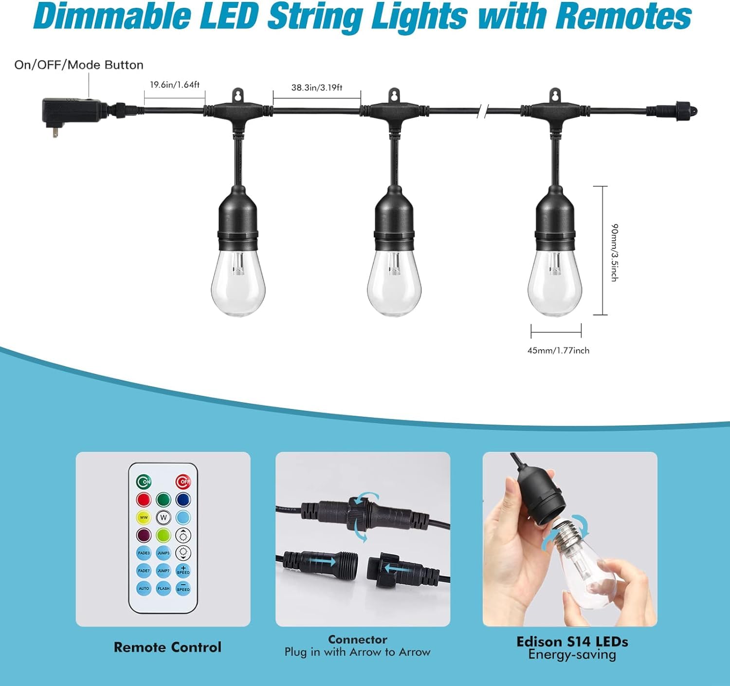 Glsbuld Outdoor String Lights, 24Ft Color Changing Outdoor String Lights, Patio Lights Outdoor Waterproof Porch Light With Remote, For Patio Decor…
