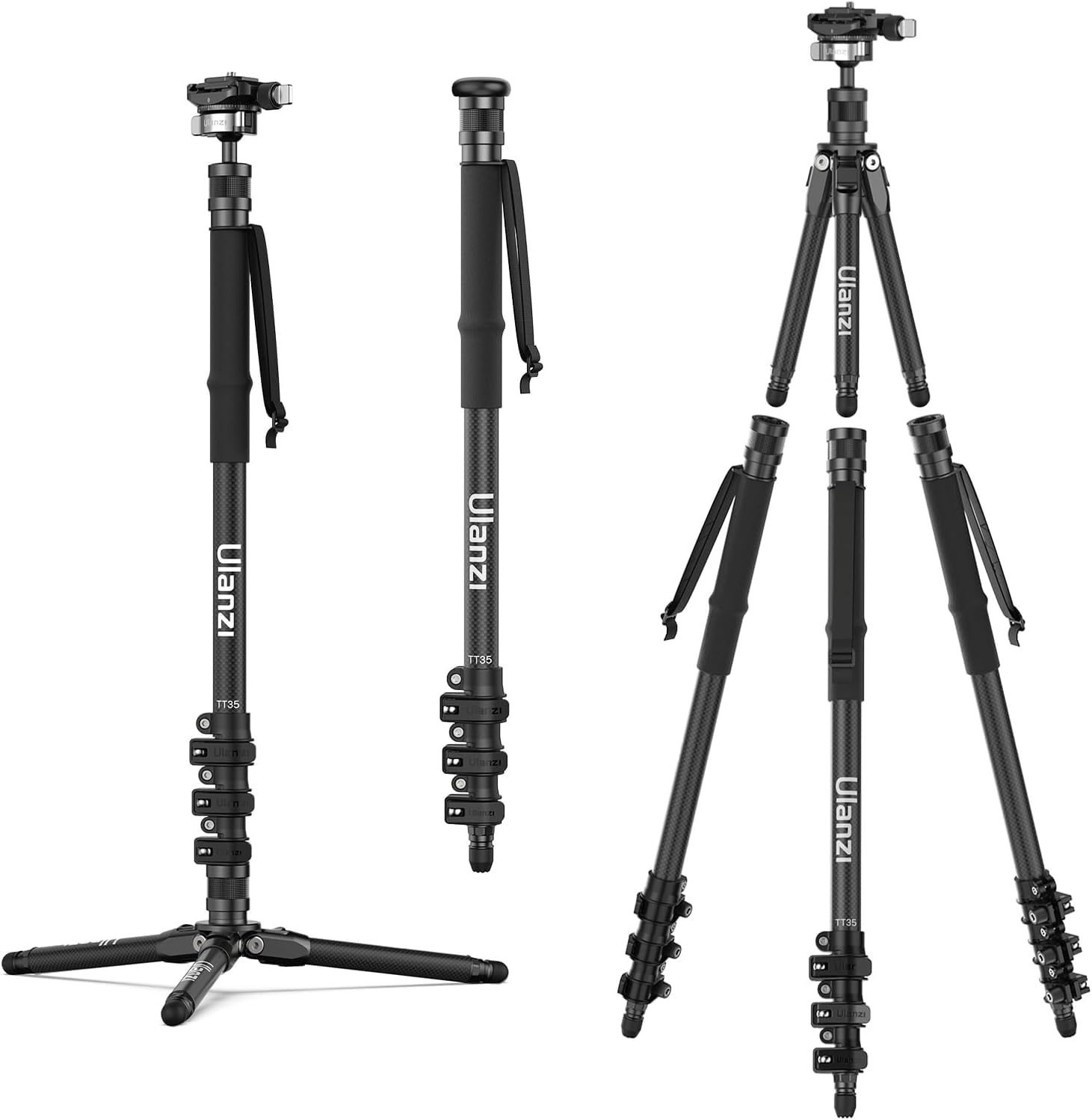 Ulanzi Tt35 57.48" Camera Monopod Tripod Carbon Fiber, 5 In 1 Multifunction Dslr Cam Travel Tripod Stand Lightweight Portable 360°Ball Head Detachable Trekking Poles