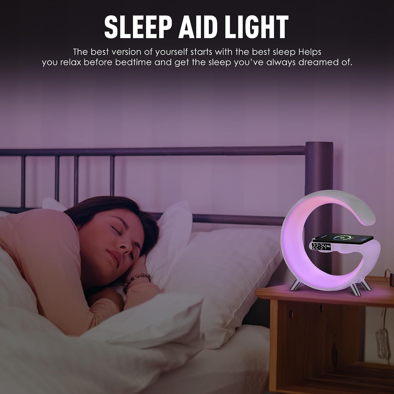 Leenabao Smart Led Table Lamp, 4-In-1 Wireless Charger, Night Light, Alarm Clock, And Bluetooth Speaker With App Control For Bedroom, Office, And Home Decor (White)