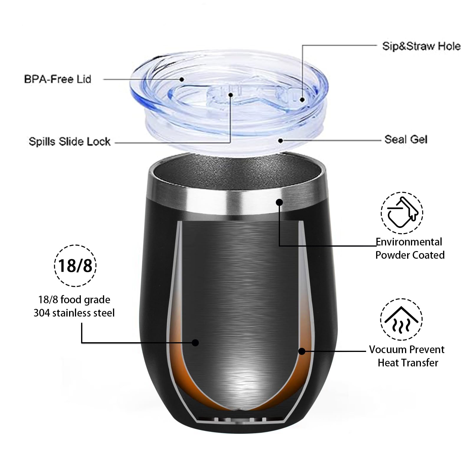 Mezmut 12 Oz Insulated Wine Tumbler With Lid Double Wall Vacuum Stainless Steel Wine Glass Coffee