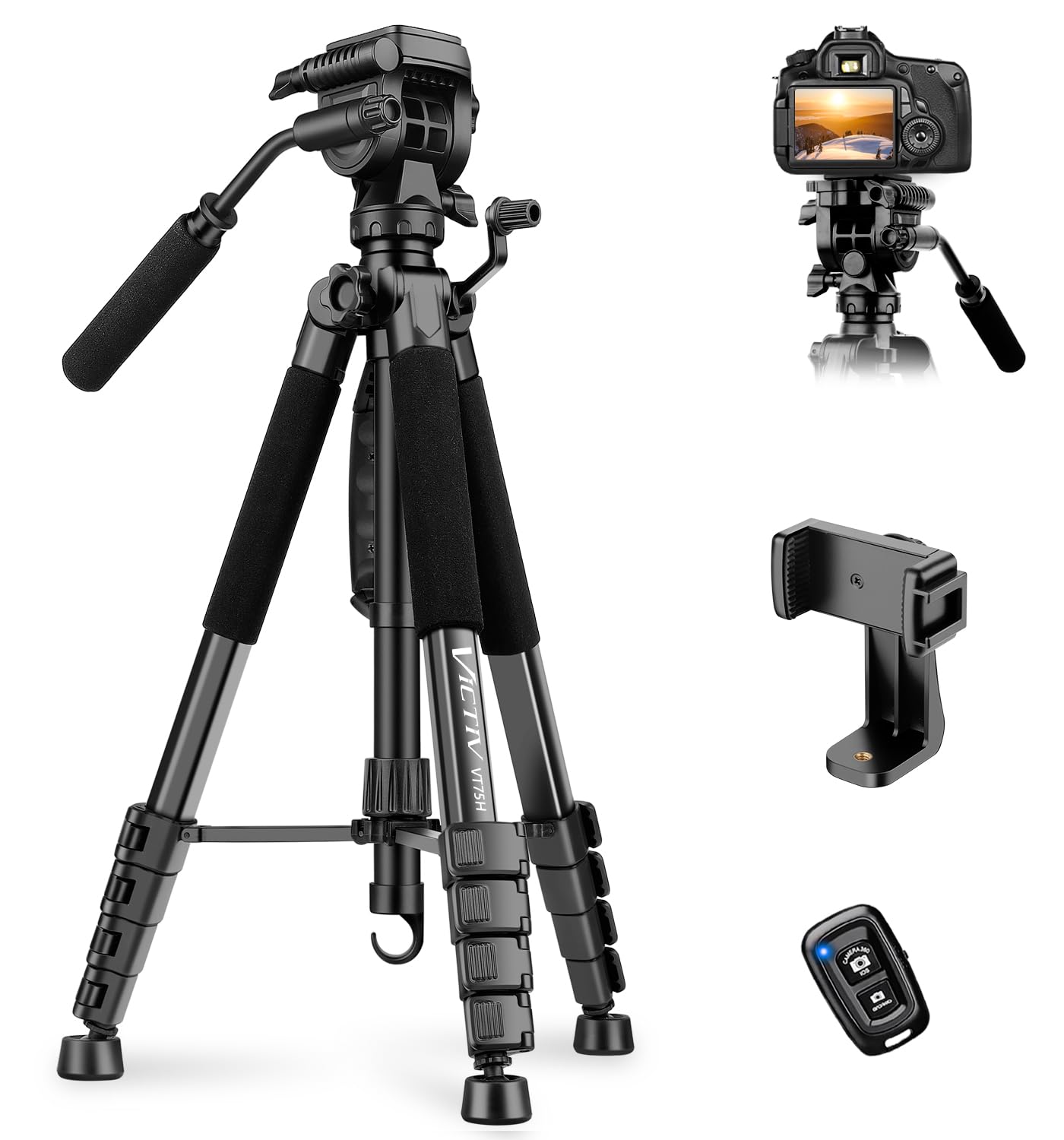Victiv 75” Camera Tripod Stand, Heavy Duty Tripod For Camera With Phone Holder And Travel Bag, Compatible With Video Camera, Dslr, Spotting Scopes, Camcorder, Gopro, Cell Phone, Max Load 11Lb (Black)