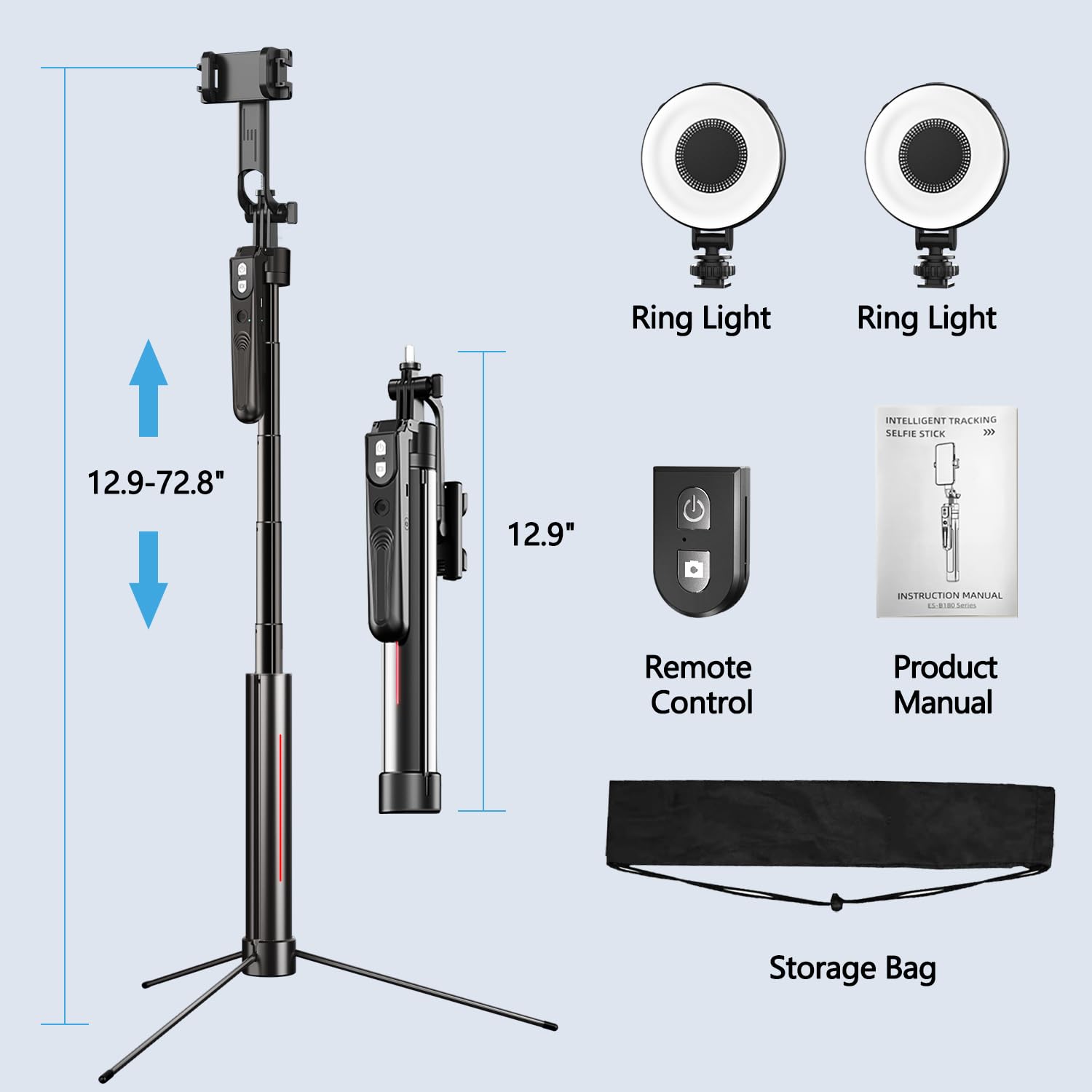 Stjiatu 72.8'' Auto Face Tracking Tripod 360 Rotation With Stand, 6 In 1 Selfie Stick Tripod With Fill Light, Tripod That Follows Your Movement, Content Creator Essentials, No App, For Video Recording, Tiktok