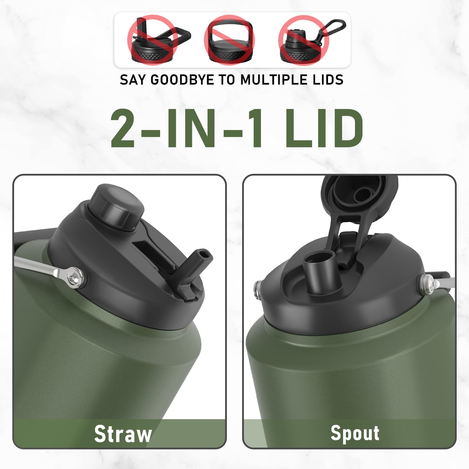 1 Gallon Water Jug Insulated, 2-In-1 Lid, Flip Straw And Spout, Vacuum Insulated Stainless Steel