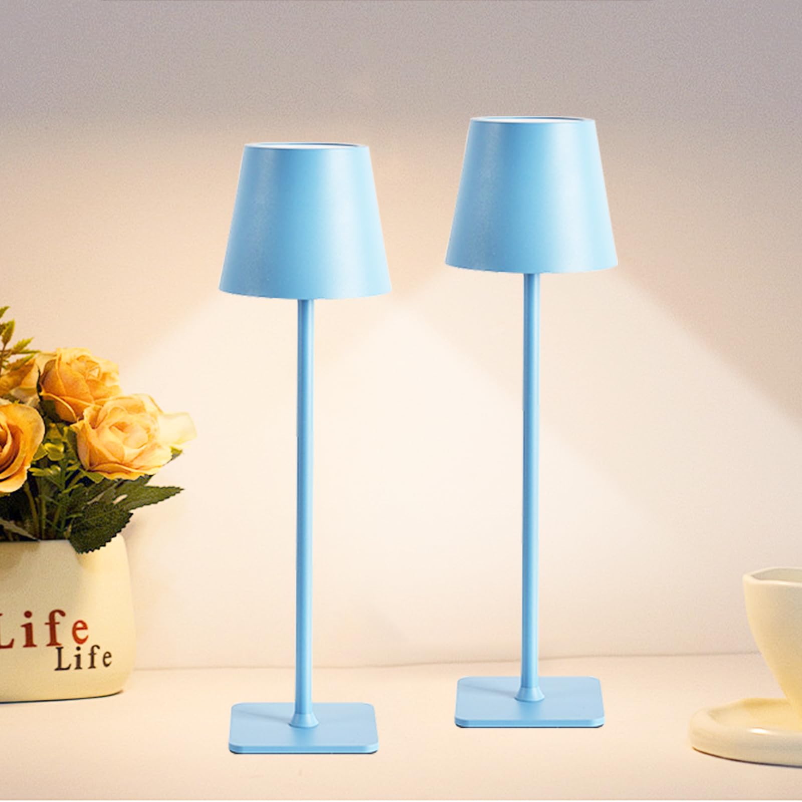 Yiixuyo 2 Pack Cordless Table Lamp, Rechargeable Desk Lamps, 5200Mah Battery Operated Waterproof Wireless Portable Desk Lamp For Dinner Patio Restaurant Bedroom Coffee Shop Night Light (Blue)