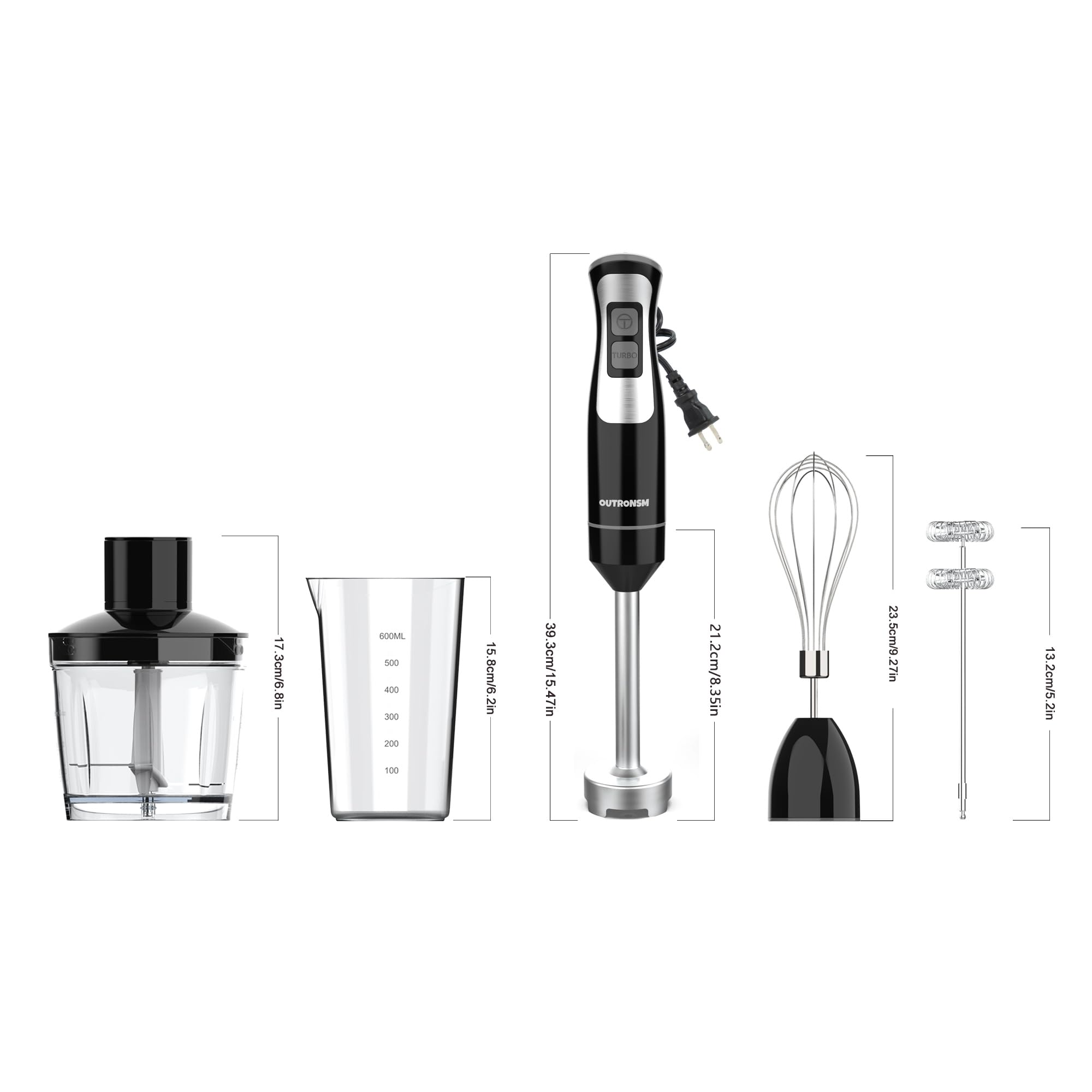Outronsm Immersion Blender Handheld, Hand Blender With 500Ml Food Chopper, 600Ml Container, Milk Frother, Egg Whisk, Puree Infant Food, Smoothies, Sauces And Soups – Black