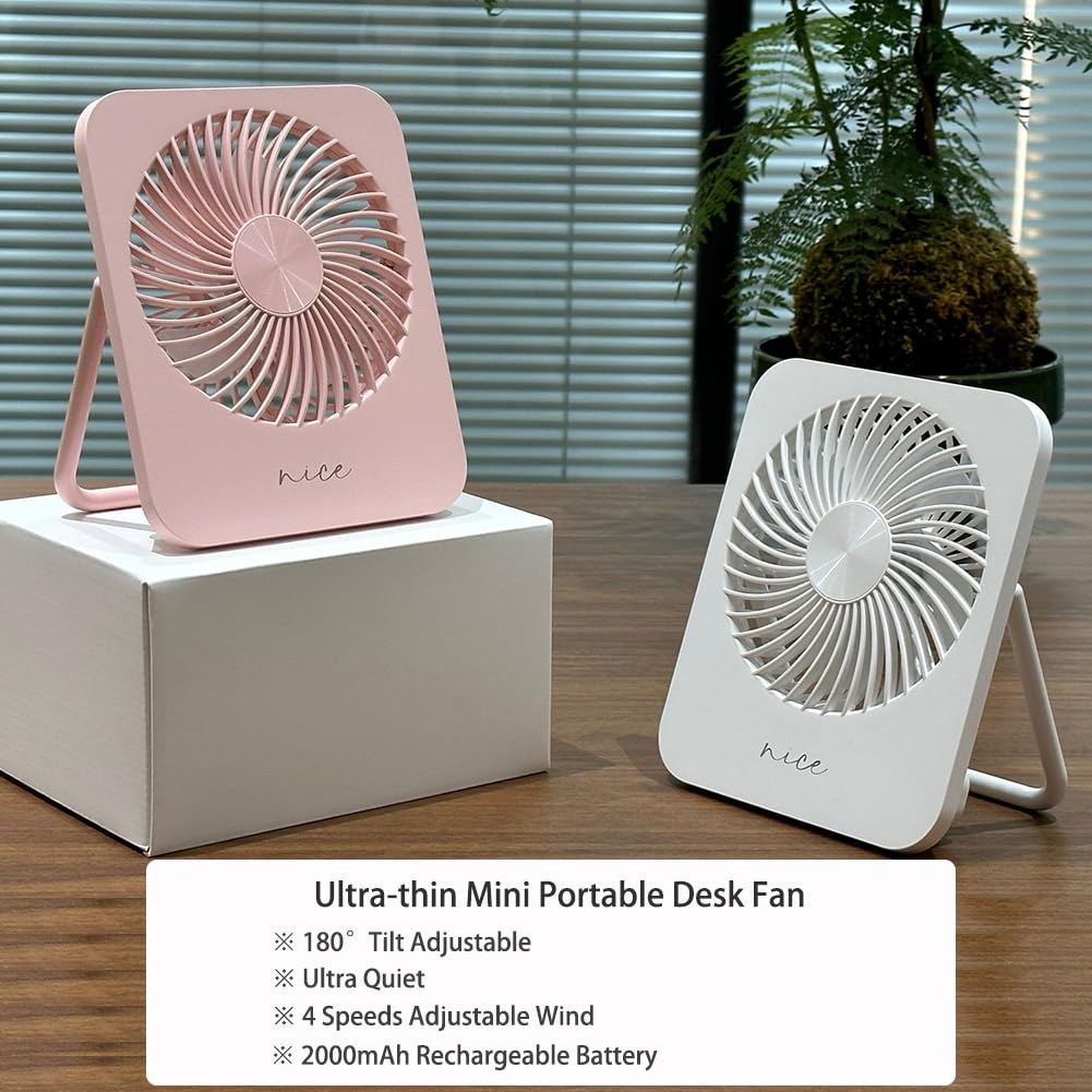 Desk Fan Battery Operated Portable Fan,2000Mah Usb Rechargeable Fan, 4 Speeds Adjustable 180°