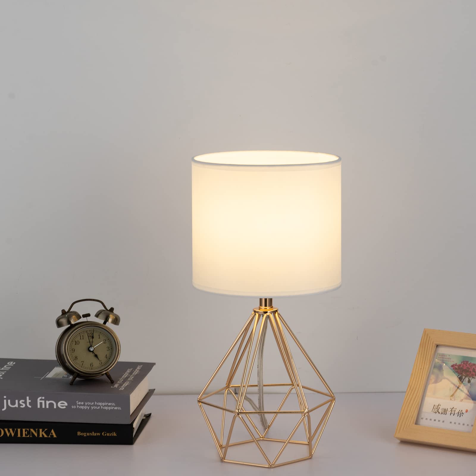 Sottae Gold Table Lamps Set Of 2, Small Gold End Table Lamp With White Fabric Shade,Bedside Nightstand Lamp With Geometric Metal Design,Modern Desk Lamp For Living Room Bedroom